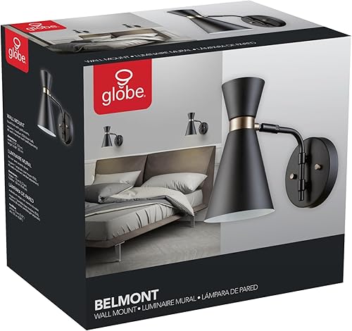 Miniatura 7 de GLOBE Electric 65855 Belmont - Aplique de pared con 1 luz, negro satinado, detalles dorados