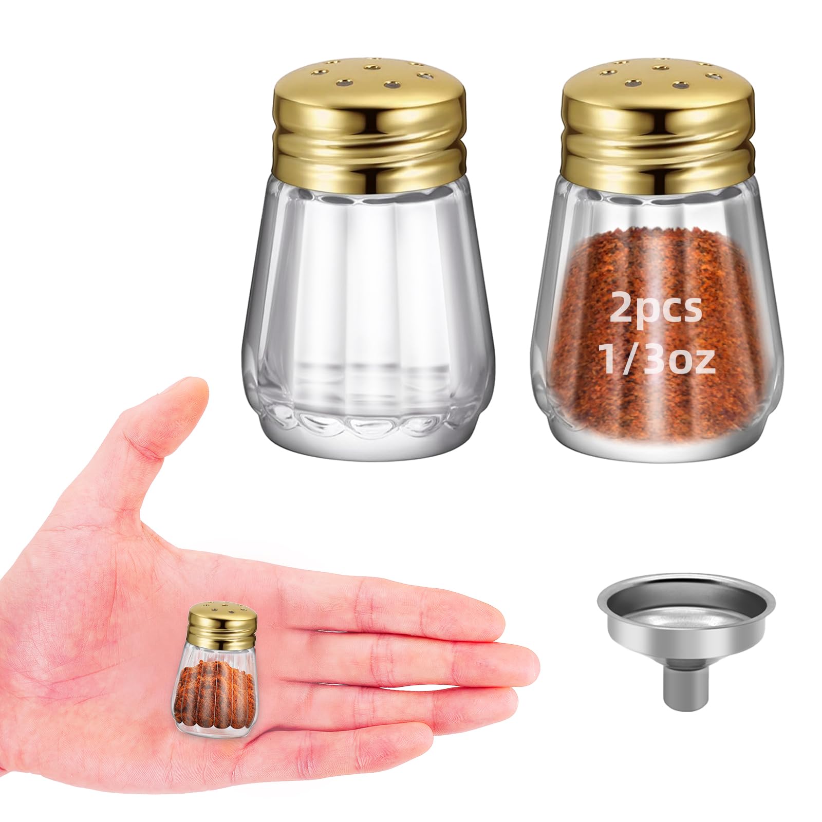 Photo 1 of 2Pcs 0.3 OZ Mini Salt and Pepper Shakers - Small Mini Salt Shaker Clear Seasoning Shakers Tiny Glass Spice Containers, Portable Small Seasonging Jars for kitchen, Picnic (2, Gold)