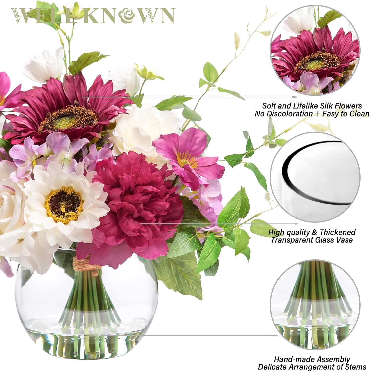 Artificial Flowers Centerpieces in Glass Vase with Fake Water, Silk White Rose Sunflowers Peony Bouquet with Vase for Birthday Party Wedding Dinning Table Office Hotel Decor (Fuchsia Mixed Plus) - Image 5