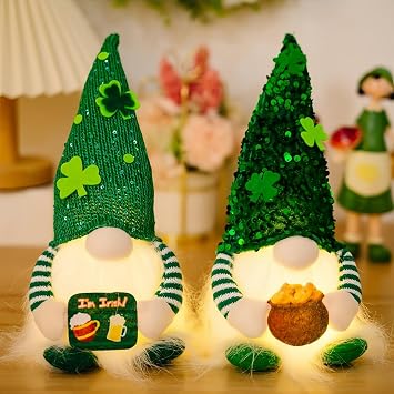 2PC St Patricks Day Gnomes with Lights- Sequins Hat Gnome Plush Decorations Home Table Ornament St. Patricks Day Gift