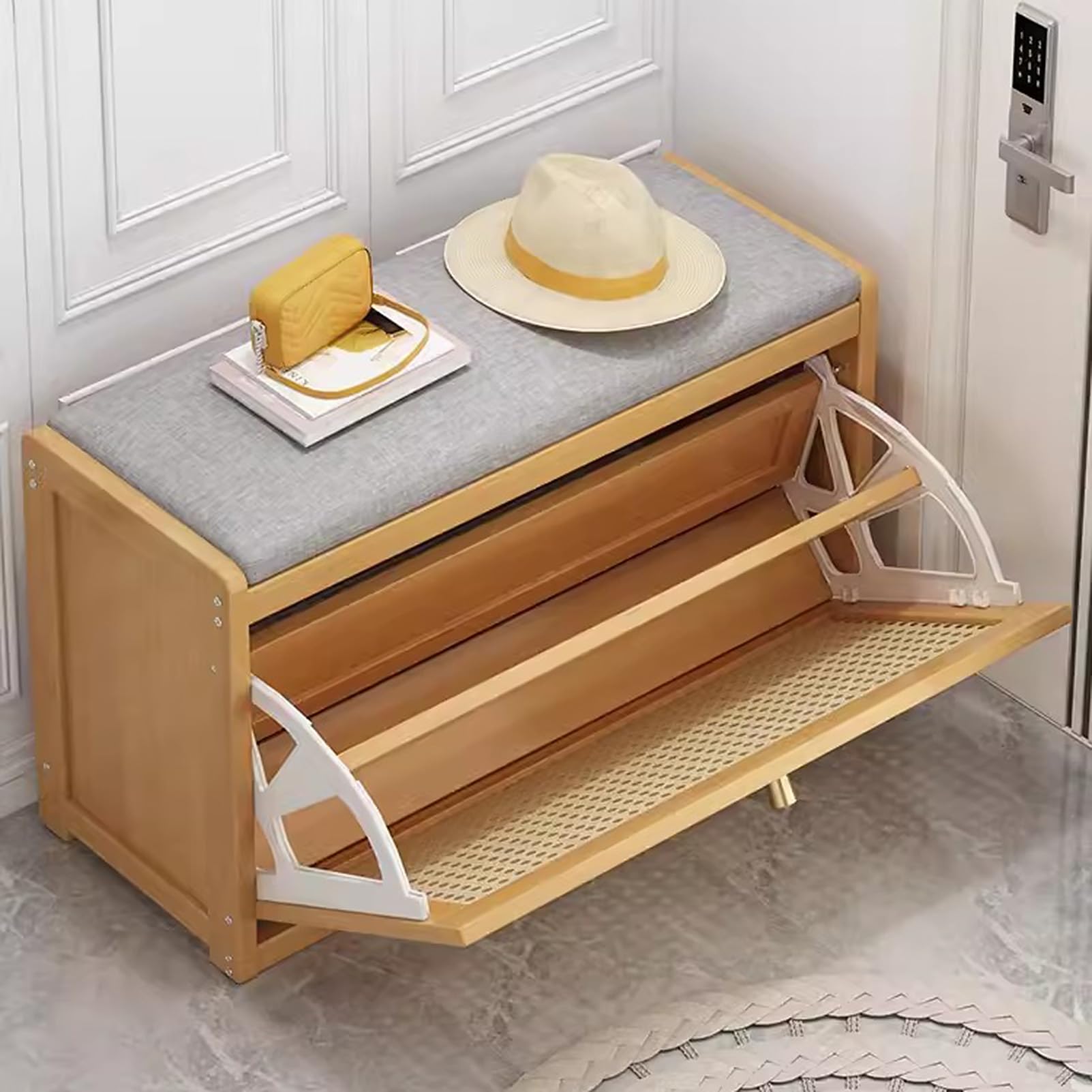 Banco de entrada con armario de almacenamiento de zapatos, zapatero de 2 niveles con puertas, zapatero de madera para pasillo, entrada, sala de estar, muebles elegantes y funcionales