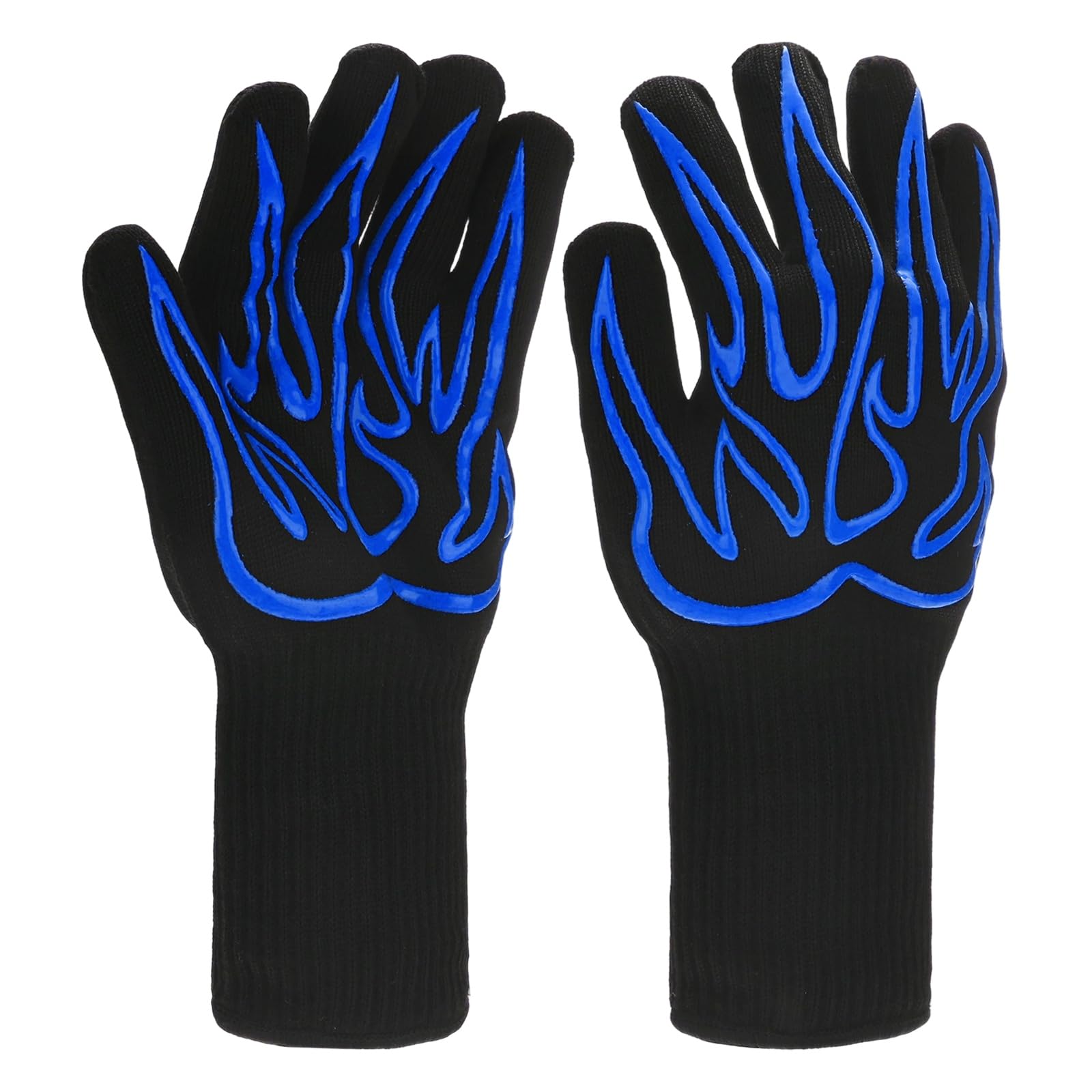 M METERXITY 1-Pair BBQ Gloves, 1472°F Heat Resistant Non-Slip Grilling Oven Gloves for Barbecue/Baking/Cooking [Big Flame Pattern, Blue]