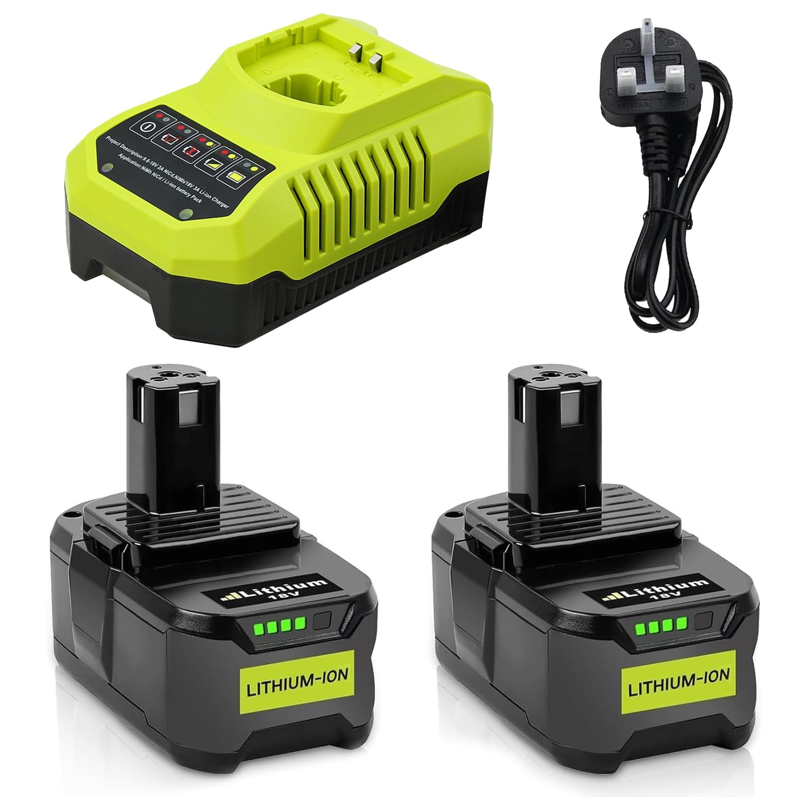 2pcs RB18L50 18V 5,5Ah Compatible battery for Ryobi battery + 1pcs 9,6V-18V 3A for Ryobi Lithium-Ion & NI-Mh charger BCL14181H