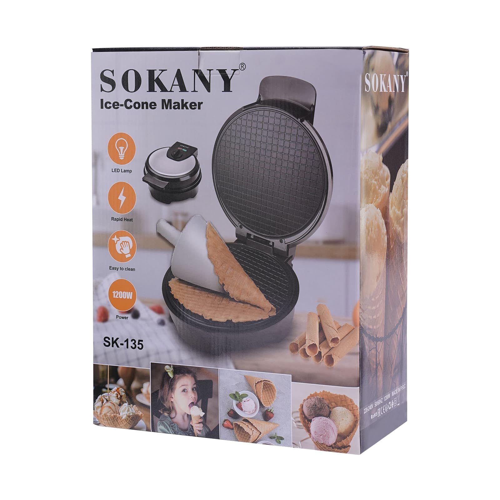 Gofrownica z rożkami lodowymi 1200 W, maszyna do stożków lodowych z powłoką nieprzywierającą, regulowana temperatura 150-200℃, płyta kuchenna 20 cm Ø