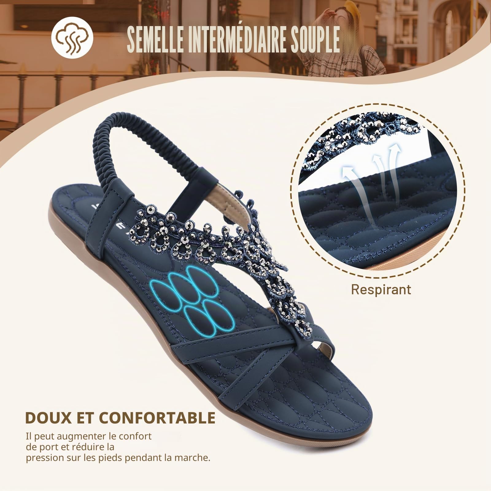 Acfoda Sandales Femme Été Confortable Plates Bohême Sandals | Sandalette et Mules,Mode Plage Tongs,Léger Chaussures,Orthopédique,Nus Pieds
