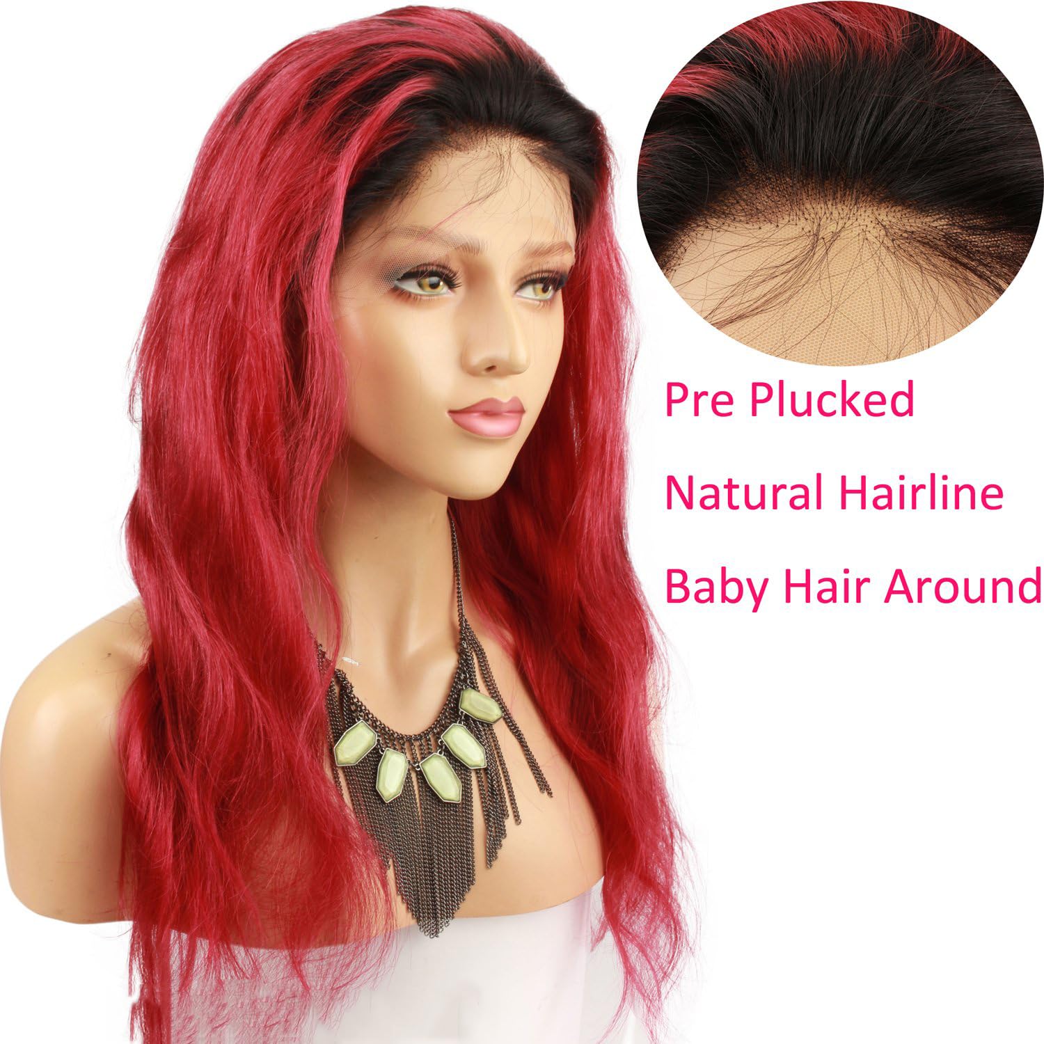 10A Brazilian Virgin Human Hair Pre Plucked Glueless Wig Dark Roots Ombre Red Full Lace Wigs with Baby Hair Natural Wave 130% Density for Black Women