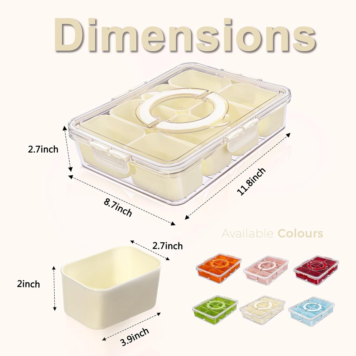 U-QE 2Pcs Dishwasher Safe Snackle Box Container with 8 Small Snacks Box - Premium Ivory Plastic Divided Serving Tray with Lid and Handle for Snack,Veggie,Fruits,Perfect for Party, Picnic, Entertaining