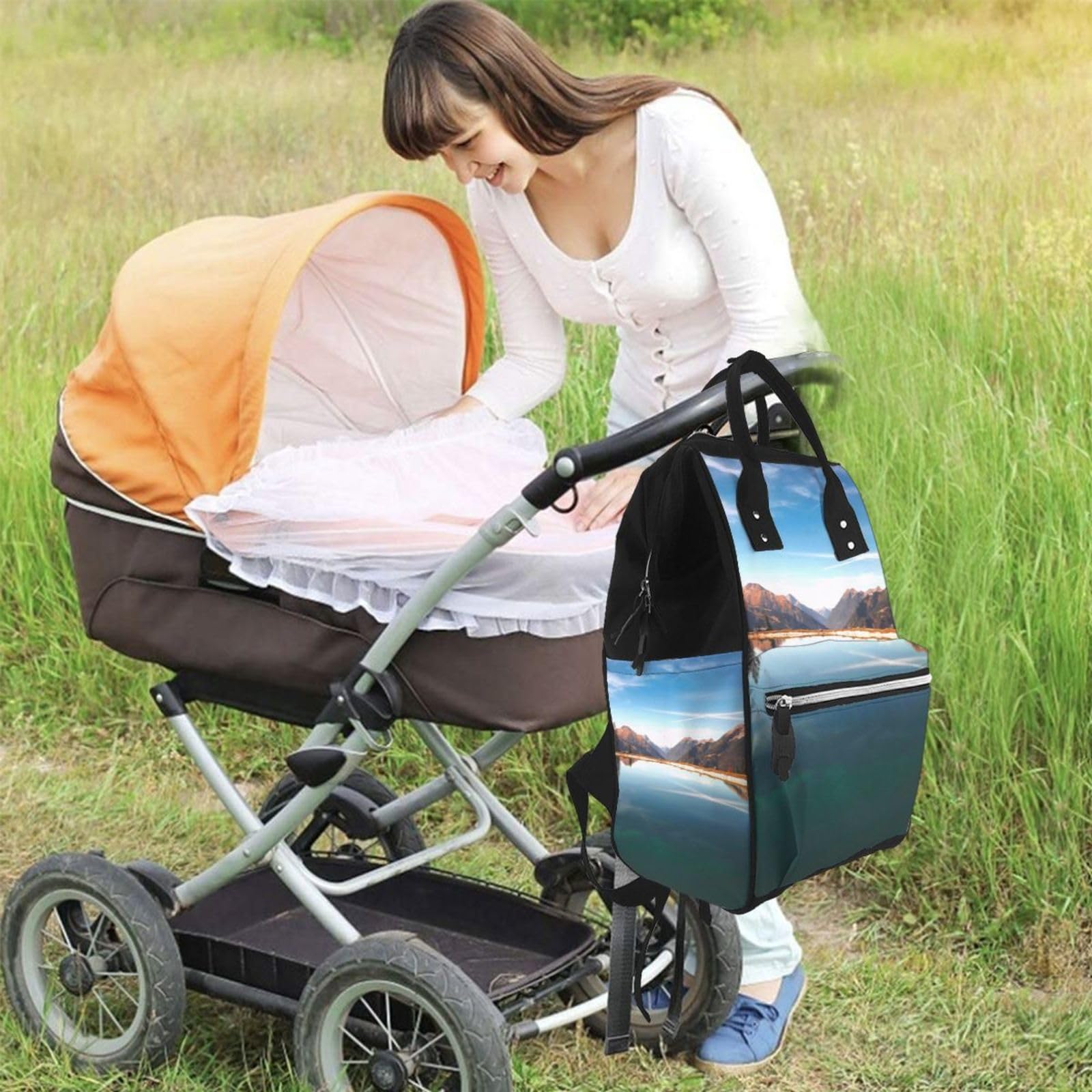 PEIXEN Mumientasche, Motiv: Berge umgeben den See, große Kapazität, Wickeltasche, multifunktionaler Reiserucksack für Damen, Schwarz, Einheitsgröße