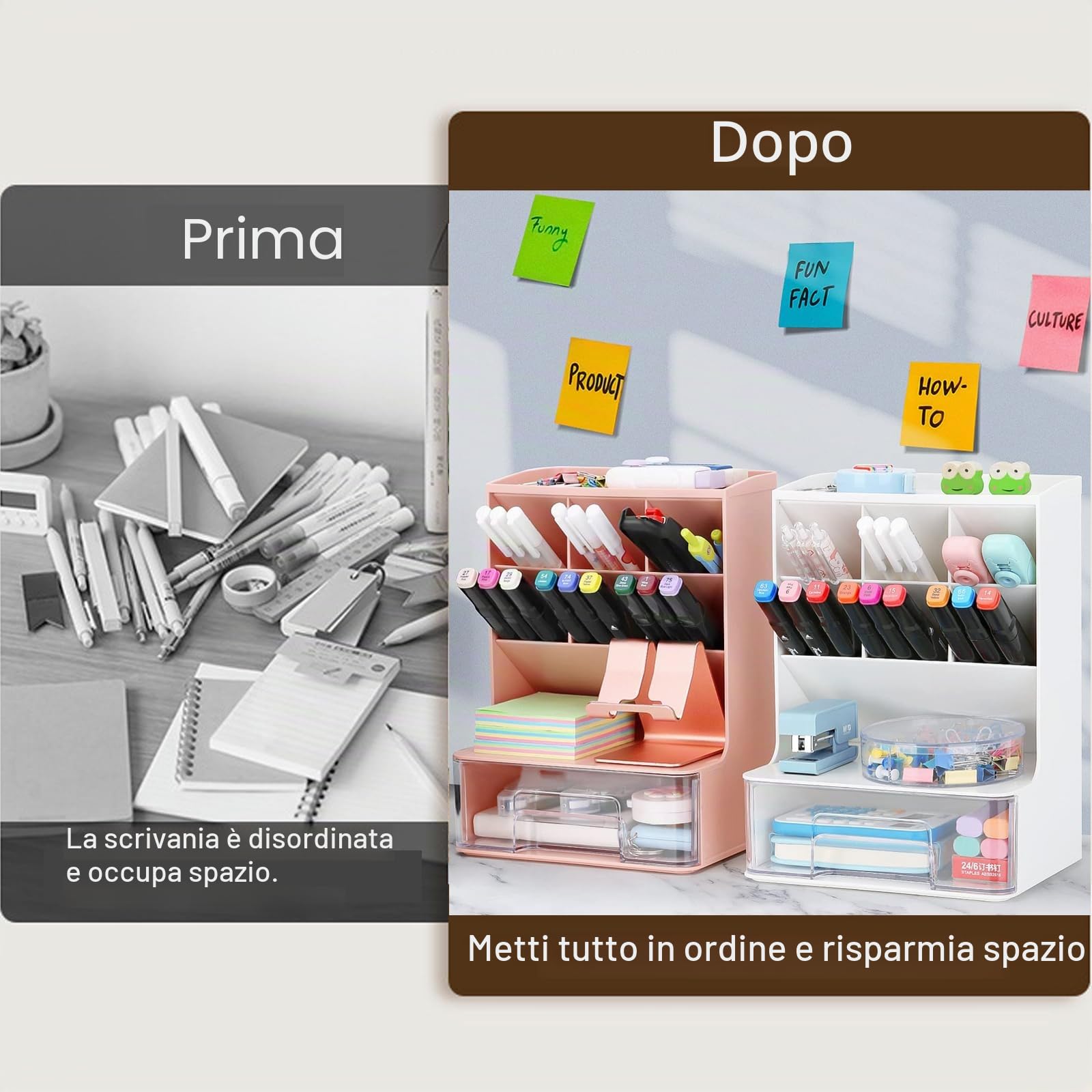 Portapenne da Scrivania Multifunzionale Organizer da Scrivania con Cassetti Portamatite da Scrivania con 6 Scomparti Organizzatore per Cancelleria in Plastica per Ufficio Scuola Casa (Rosa 2)