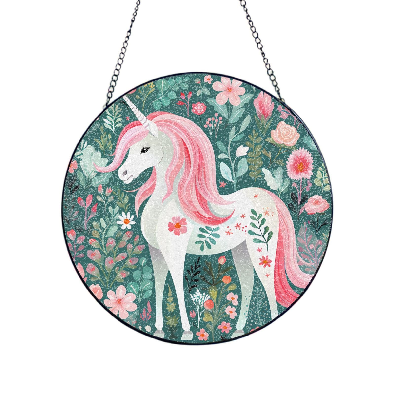 Phayah Unicorn With Pink Hair Print Glass Window Hanging Sun Catchers Suncatcher Decor For Birthday For Home Garden Porch 10in（25cm）