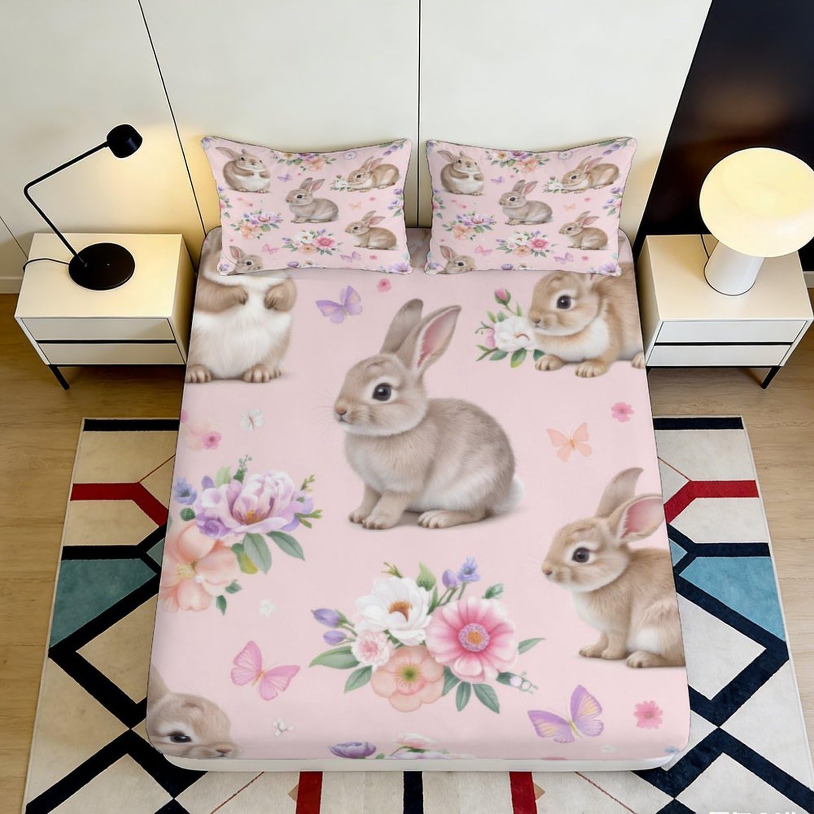 Jqzkxnhpbr Style-9 3D Printed Bunny Floral Fitted Sheet Microfiber Soft Pink Rabbit Bed Sheet For Bedroom Guest Mattress Protection Decor 90X200x25cm