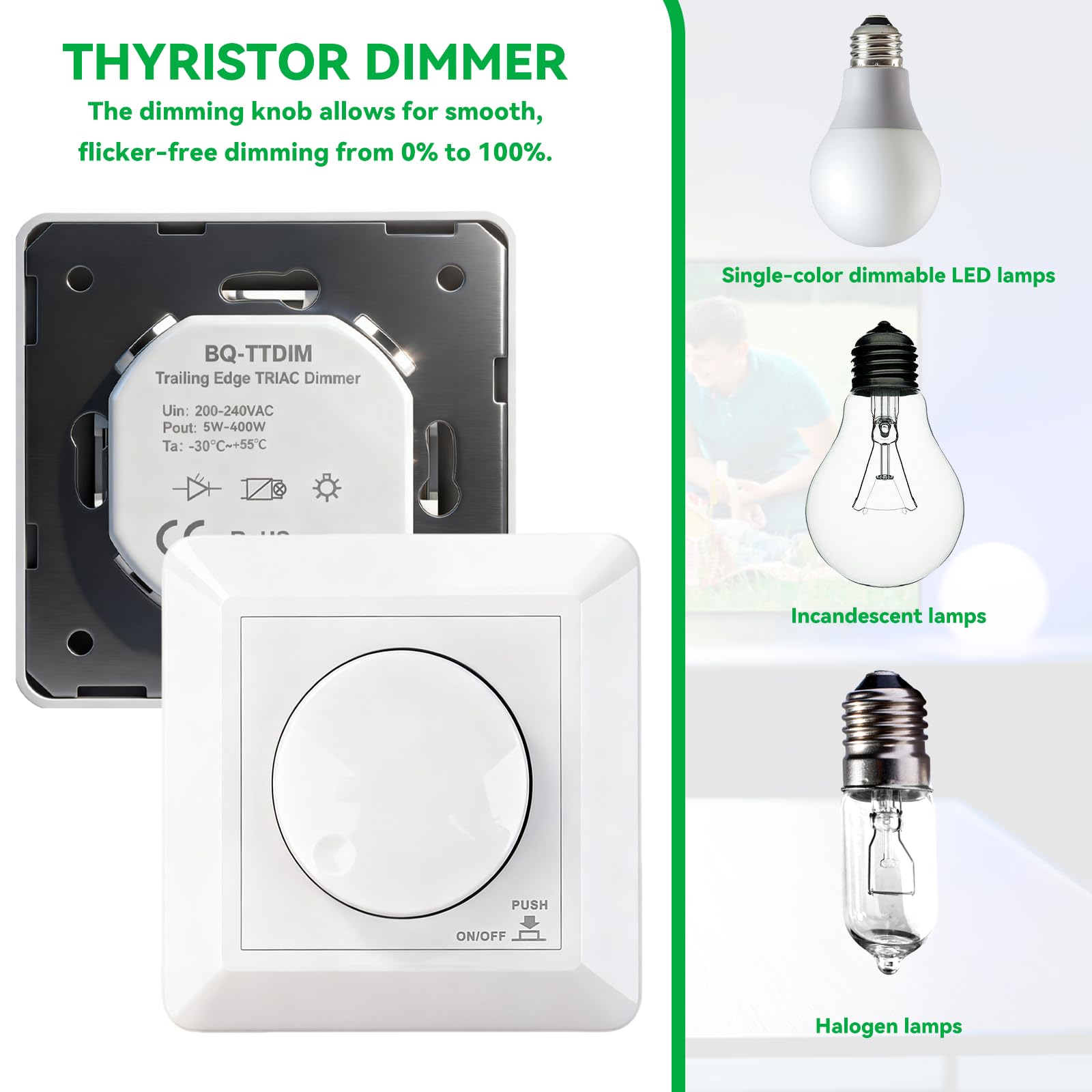 BuyWeek Dimmer LED 230v Regulador de Luz 5-400W Controlable Dimmer Regulador de Intensidad para LED Monocromáticos Regulables Bombillas Incandescentes y Bombillas Halógenas 85.8*85.8*43.9mm BQ-TTDIM