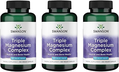 Swanson Complejo triple de magnesio  Suplemento mineral  Soporte natural  Con citrato, óxido y aspartato  (100 cápsulas, 400 mg cada una, 3 unidades)