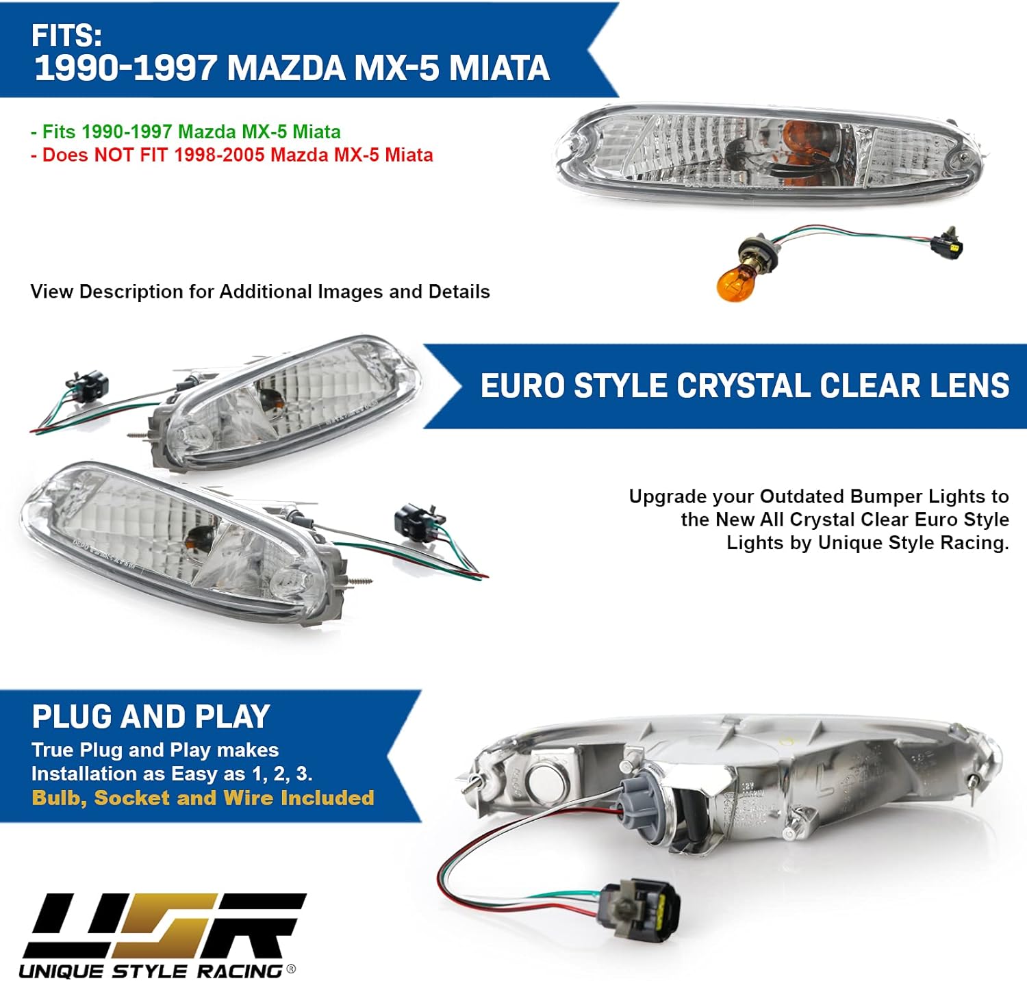 USR DEPO 90-97 MX-5 Signal Lights - JDM Crystal Style Front Bumper Turn Signal Lamps Set (Left + Right) Compatible with 1990-1997 Mazda MX5 Mk1 Miata (JDM Crystal Style All Clear Lens)