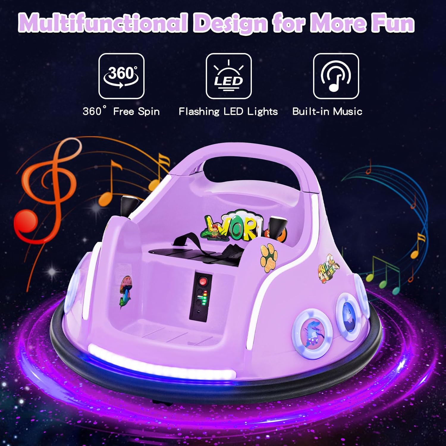 A purple Costzon bumper car with vibrant flashing LED lights, illustrating its 360-degree spin capability, built-in music, and light features.
