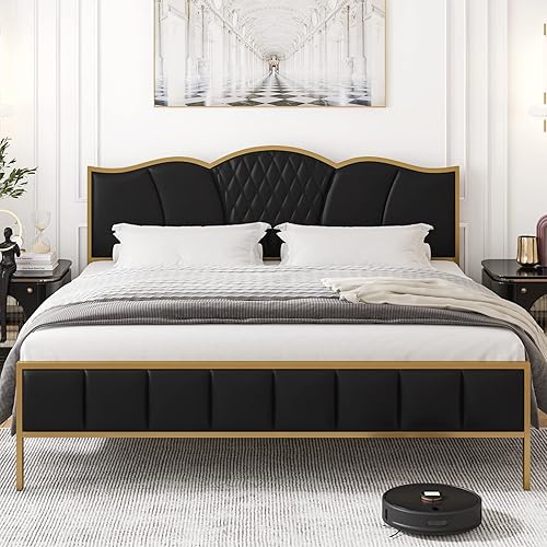 HITHOS Marco de cama tamaño King, marco de cama tapizado moderno con cabecera copetuda, plataforma resistente con soporte de listones de madera, sin