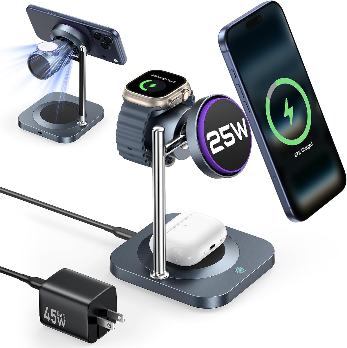 Qi2.2 Certified 25W 3-in-1 Fast Wireless Charging Station with Fan | Charger Design for MagSafe, Apple Watch Charger Stand, for iPhone 17 16 Series, AirPods, iWatch, Included PD45W Adapter