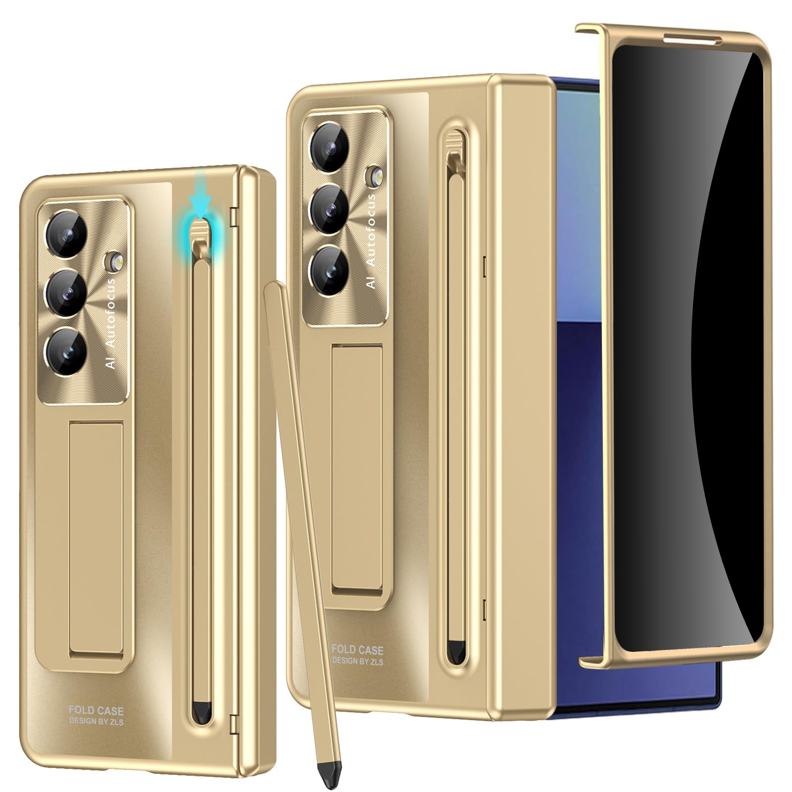 Photo 1 of YQODSZ for Samsung Galaxy Z Fold 7 Case with S Pen Holder & Stylus Pen, Built in Privacy Screen Protector Anti-spy Protection Full Body Slim Kickstand Protective Cover for Z Fold 7 Gold
