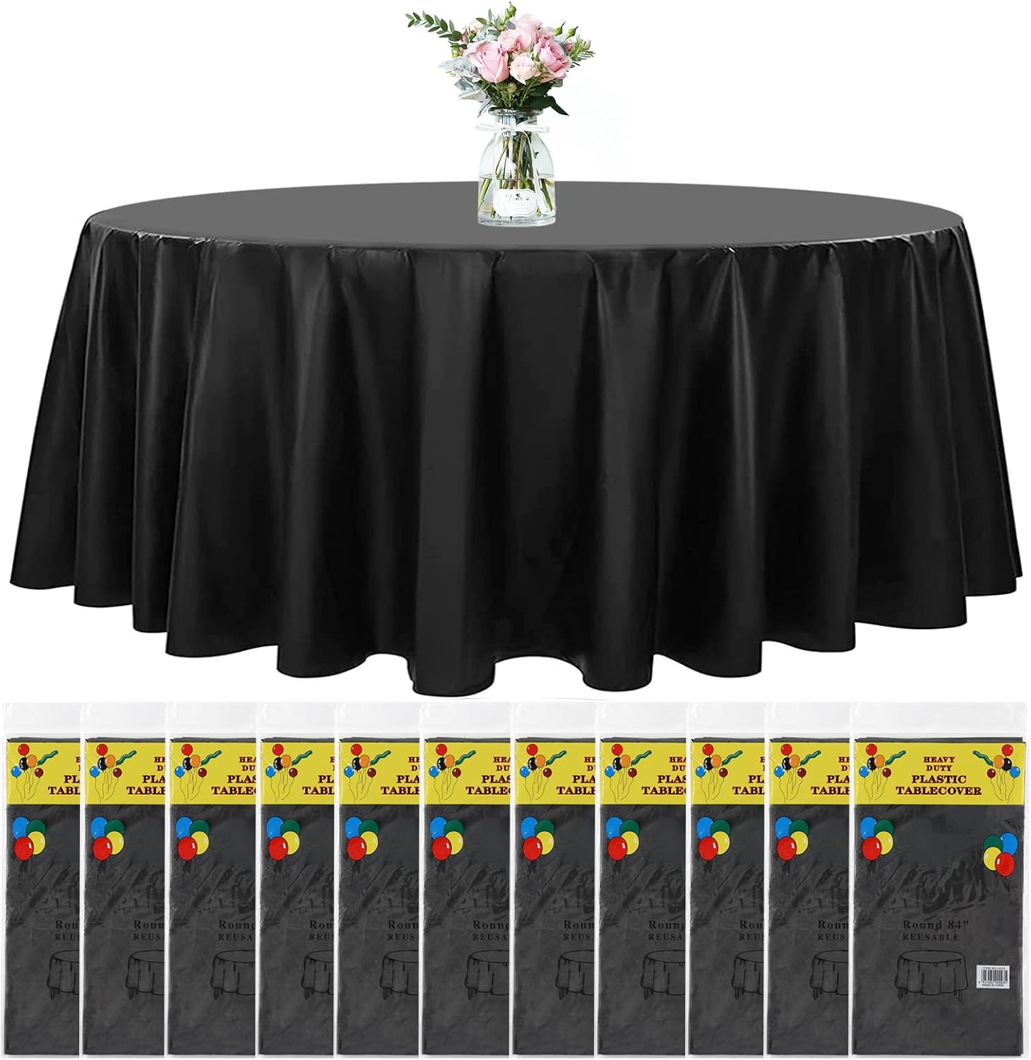 Newthinking 84 Inch Round Disposable Table Cloth Black, 8 Pack Plastic