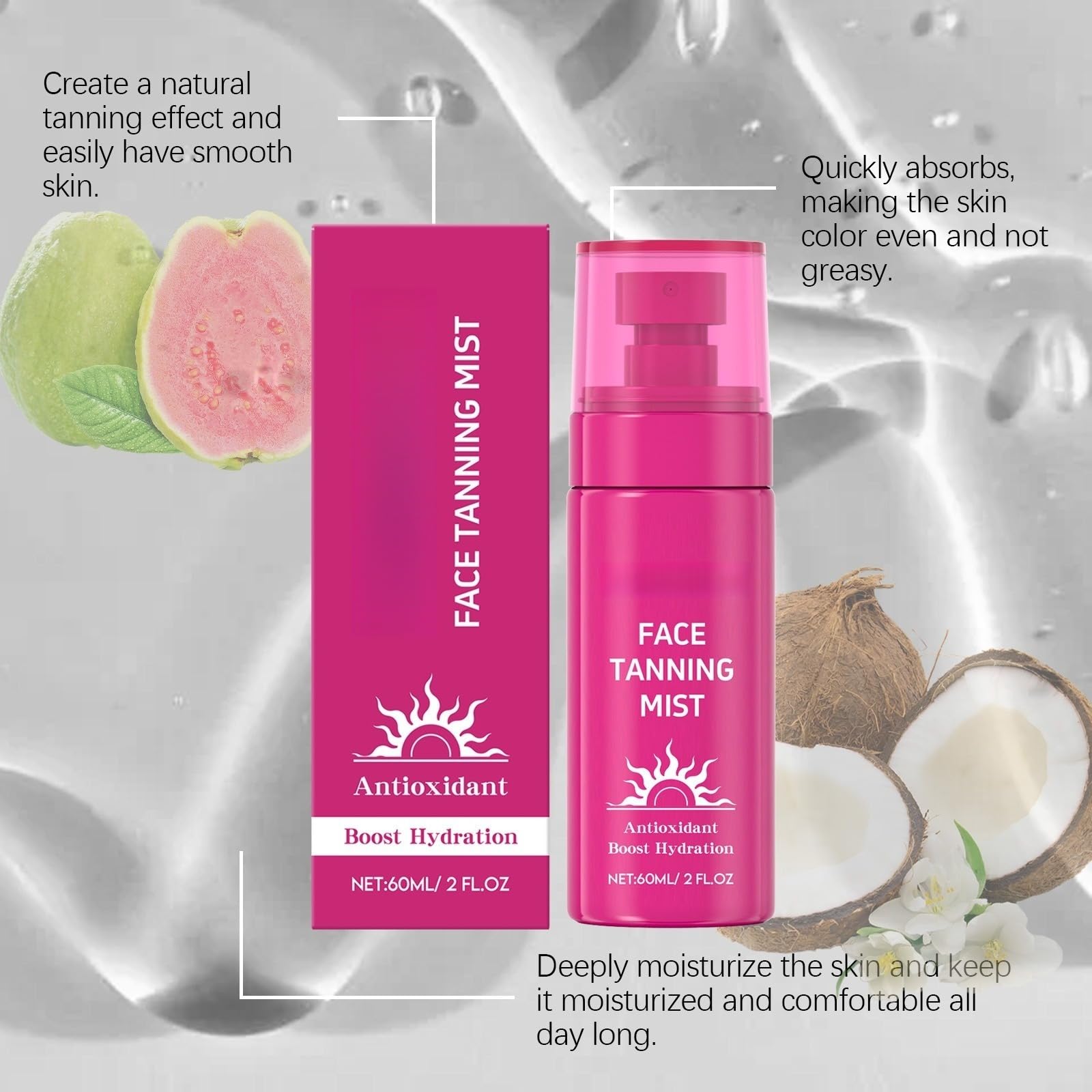 Selbstbräunender Gesichts-Spray, 60 ml, natürliches goldfarbenes Bräunungsspray, feuchtigkeitsspendend, antioxidativ, gleichmäßiger und heller Teint, schnelle Absorption, nicht fettend, langer Halt