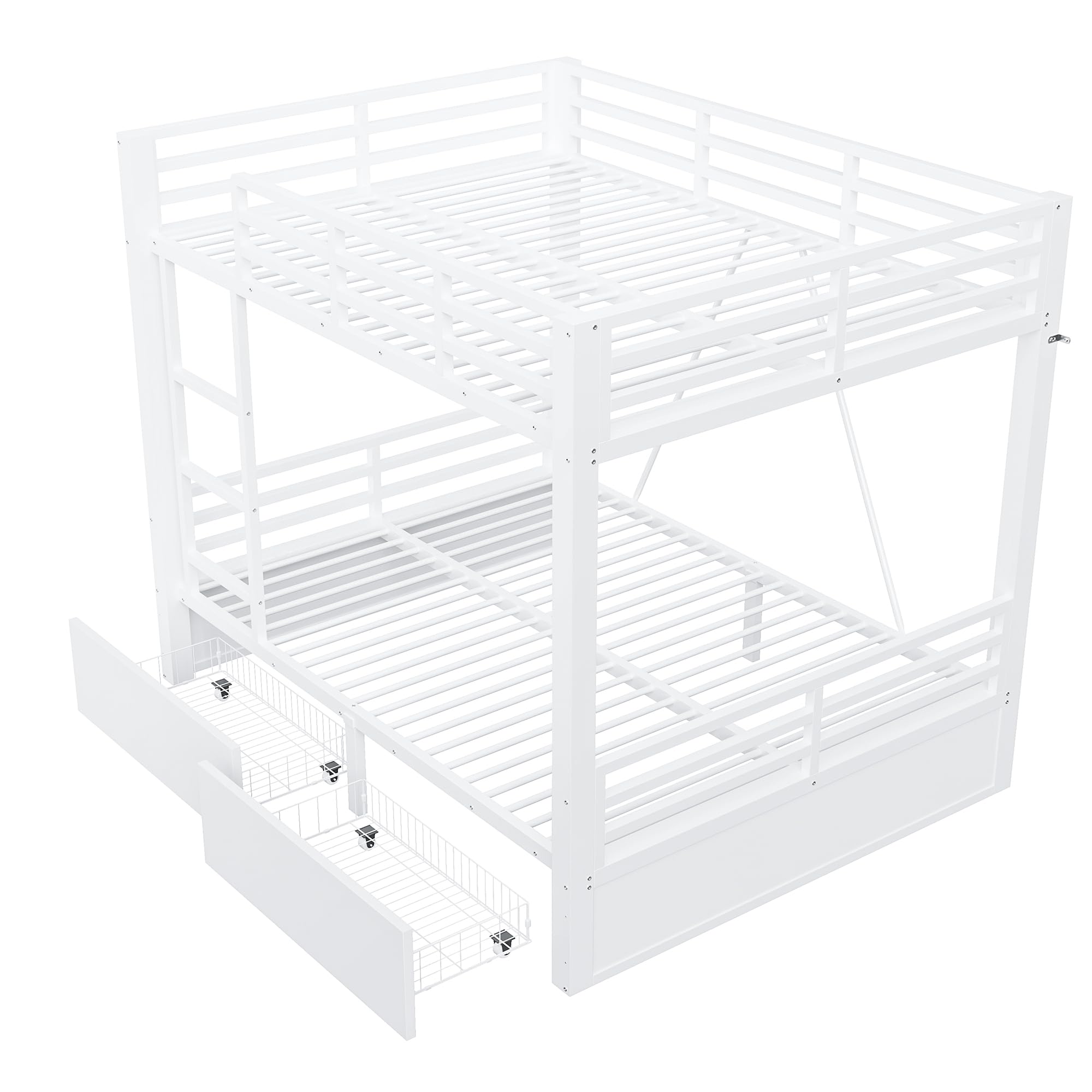 Merax Metall-Etagenbett 140x200 cm mit Schubladen, Sicherheitsgeländer & Leiter – platzsparendes Kinderbett, Weiß (Ohne Matratze)