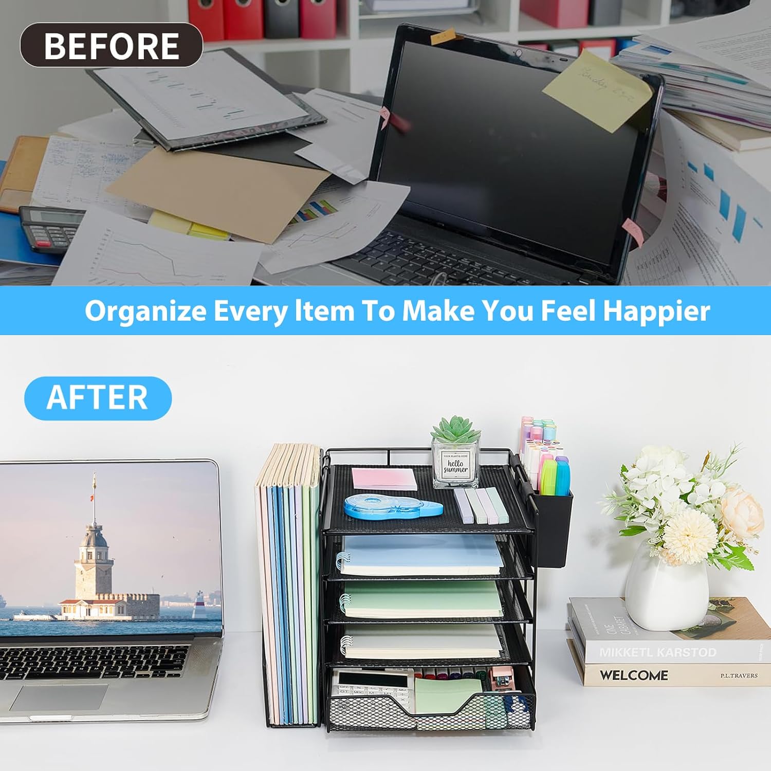 Desk Organizer, 5-Tier Paper Letter Tray Organizer with File Holder, Drawer and Pen Holder, Desktop Organizer for Office Supplies, Black - Image 4