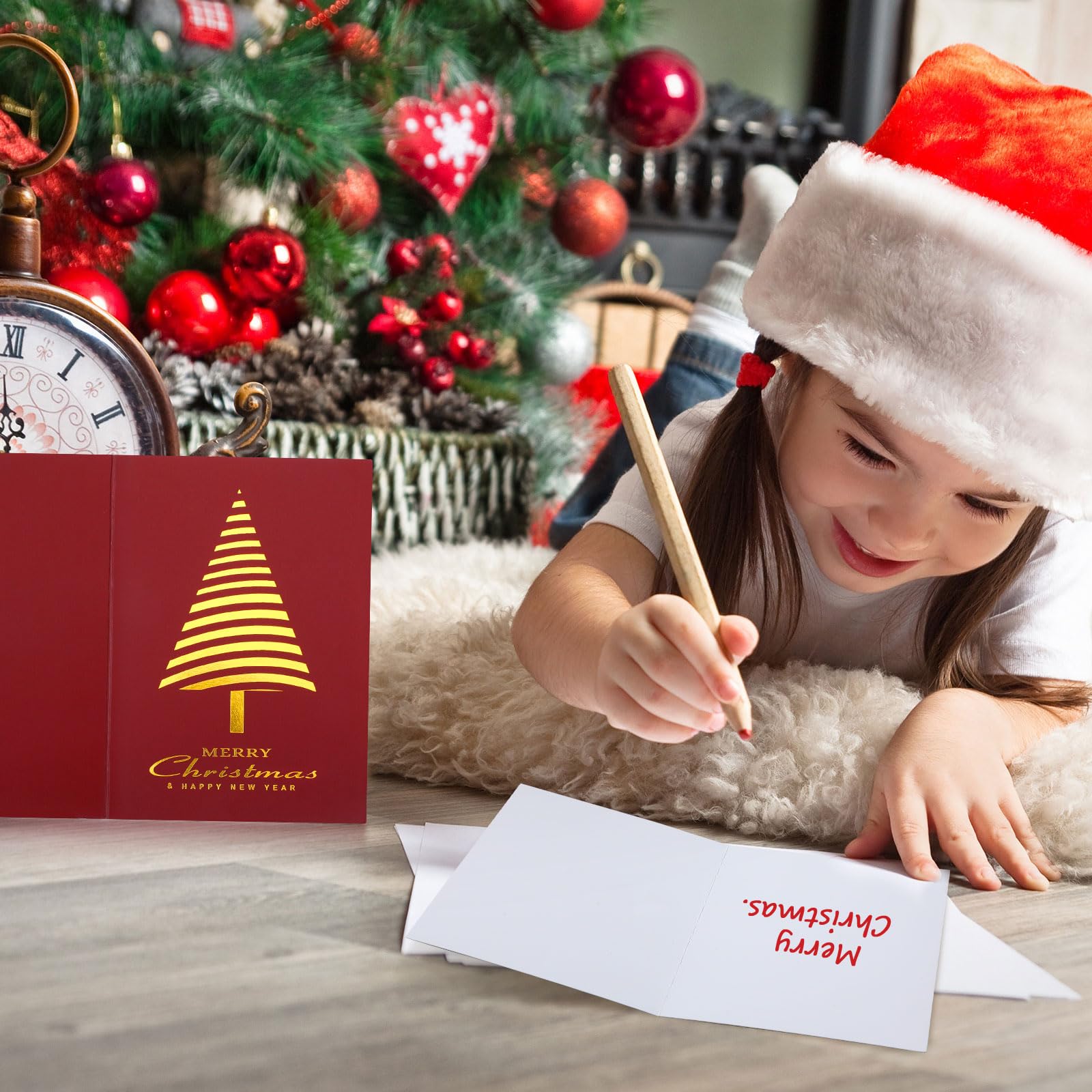 Cholemy 100 tarjetas de Feliz Navidad en caja con sobres, tarjetas navideñas de 5.5 x 4 pulgadas, tarjeta de felicitación de Navidad con impresión de lámina dorada, regalo de Navidad para amigos,