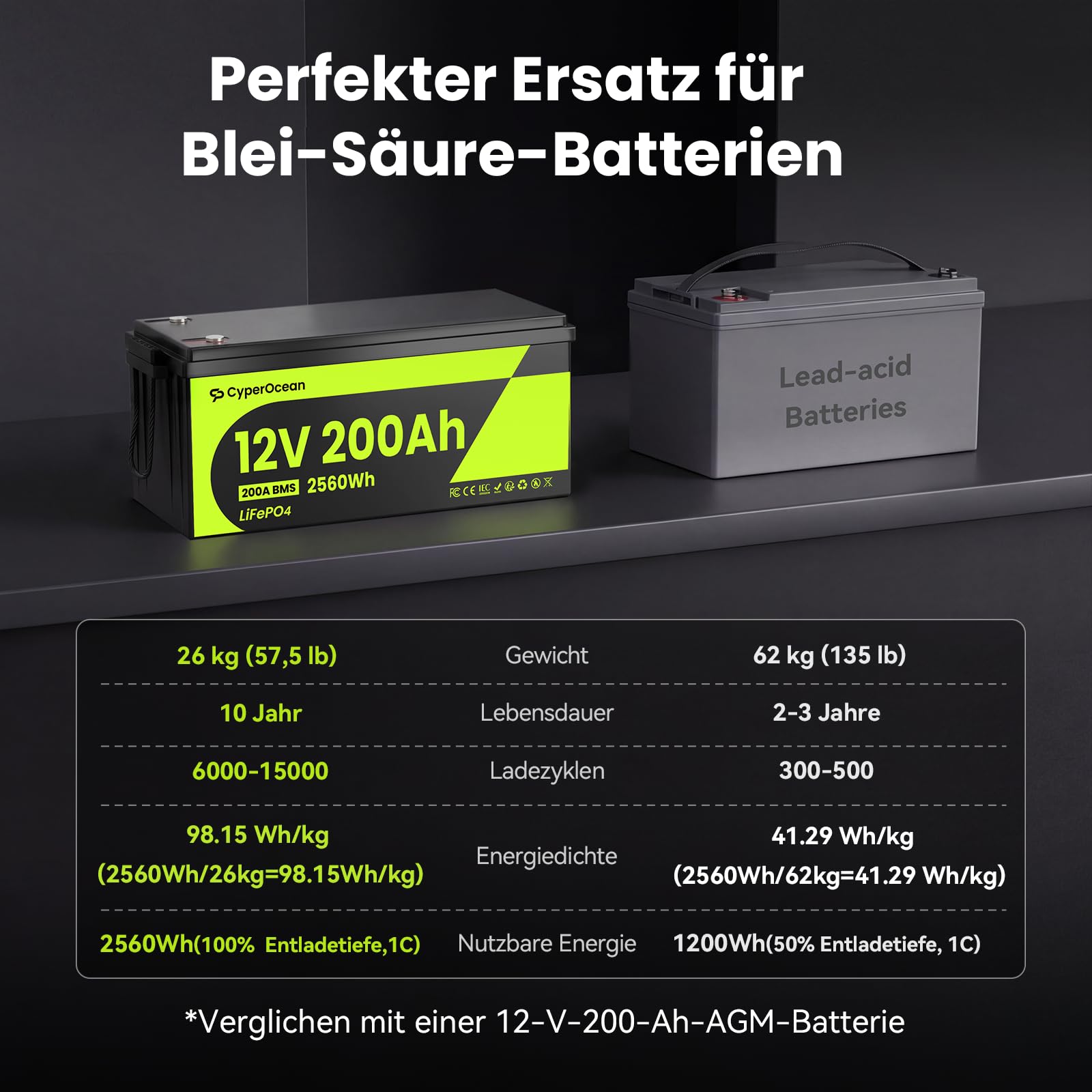 LiFePO4 Batterie 12V 200Ah,Lithium Batterie 2560Wh mit 200A BMS Low-Temp Schutz und Max. 15000 Zyklens, Autobatterie für Wohnmobil,Solaranlage Komplettset,Boot