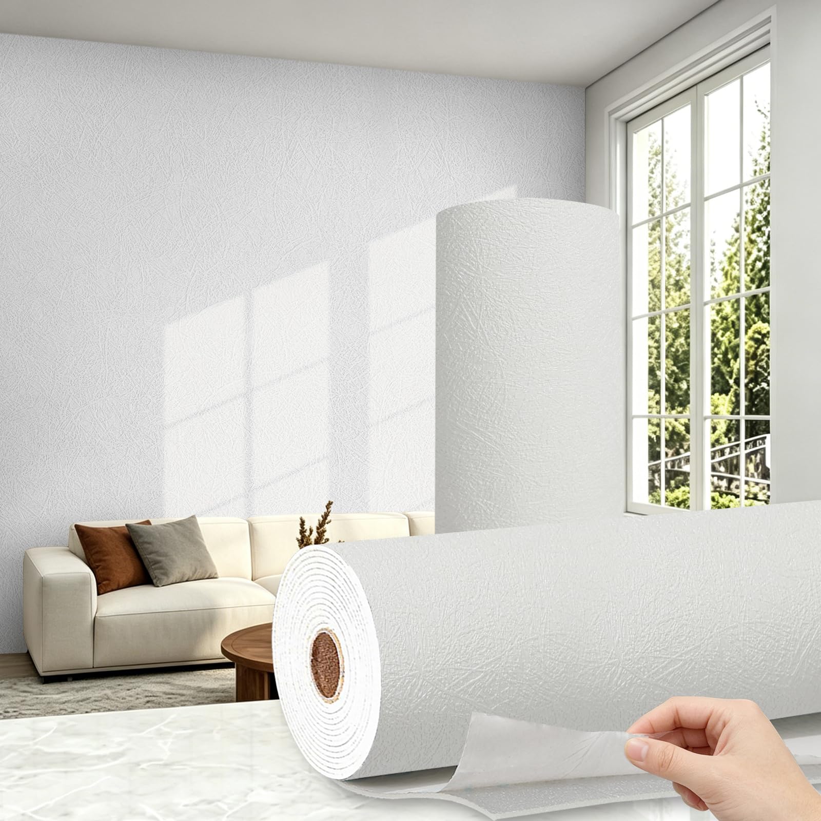 Trafagala 2 Roll Thick Self Adhesive Thermal Wallpaper Damp Proof Foil Backed Wallpaper Mould Resistant Waterproof Insulated Wall Covering Roll 3D White Textured Peel and Stick to Cover Bad Walls