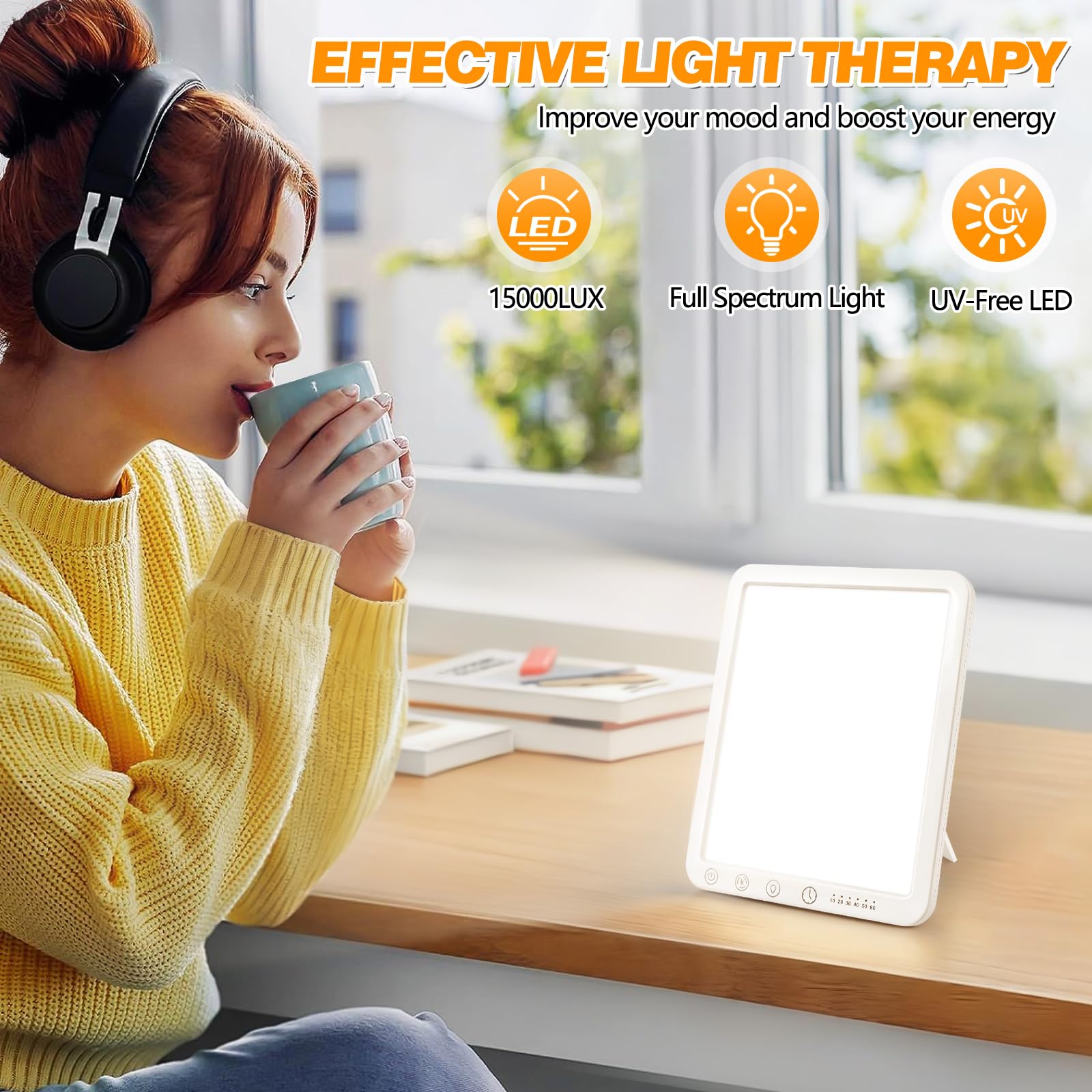 Tageslichtlampe 15000 Lux Dimmbar, UV-freie LED-Lichttherapielampe Tageslicht, 6 Timer, 180° Halterung, Touch-Control Sonnenlicht Daylight Lampe für Depressionen, Vollspektrumlampe für Zuhause/Büro
