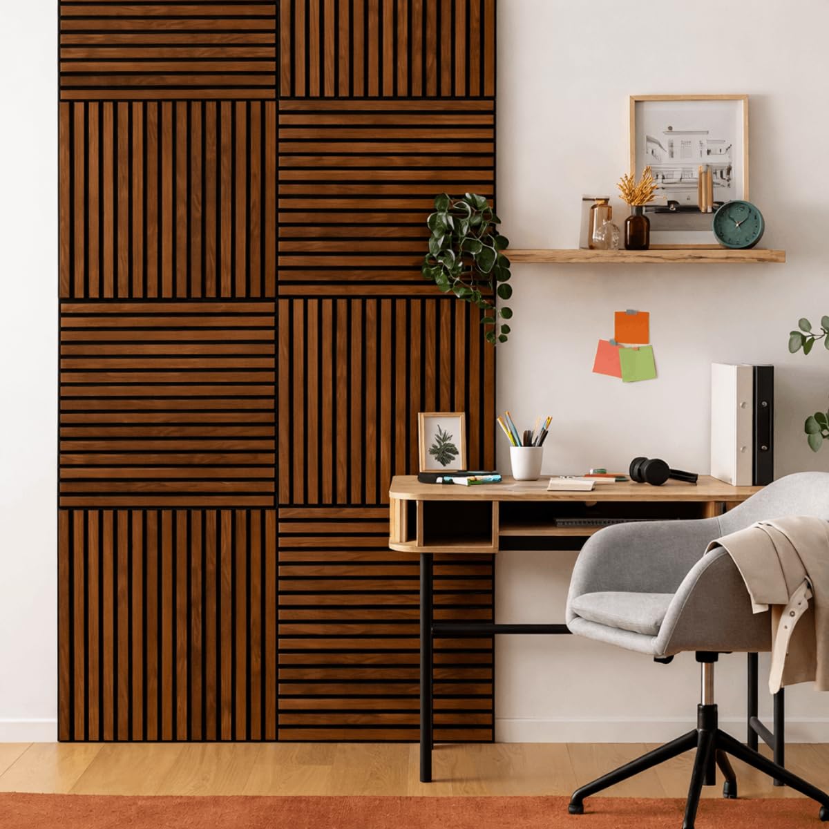 WDMT Set aus 4 Wandpaneelen 60x60 cm – MDF 3D Wanddeko in Walnuss-Holzoptik mit schwarzen Latten – modernes Lamellen-Design (Akustik-Look) – Mix & Match Wandfliesen-Panel