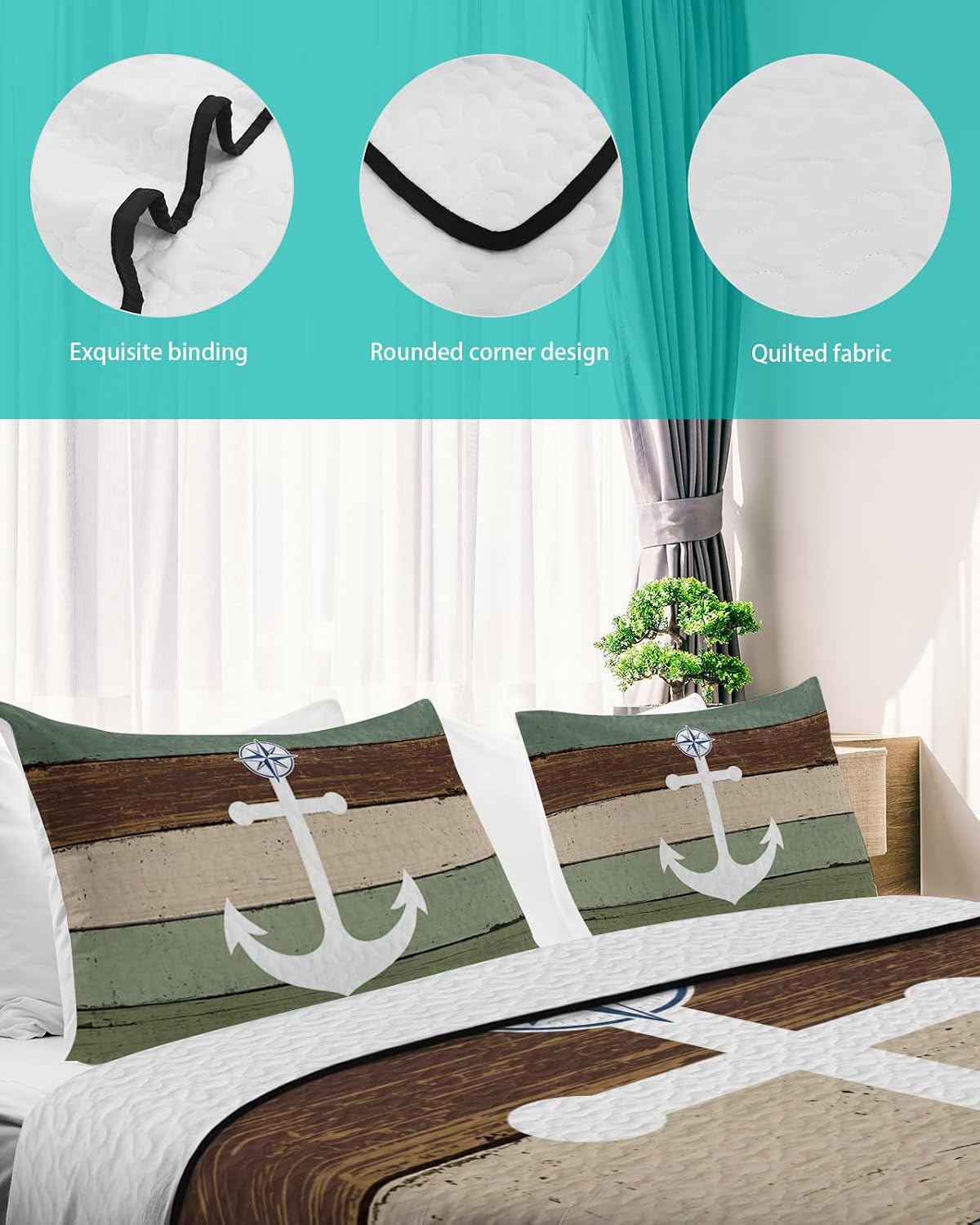 King Size Quilt Set, Ocean Anchor Compass Lightweight Bedspread Coverlet Set Soft Microfiber Summer Quilt with 2 Pillow Shams, Farm Sage Green Wood Board 3 Piece Comforter Bedding Set