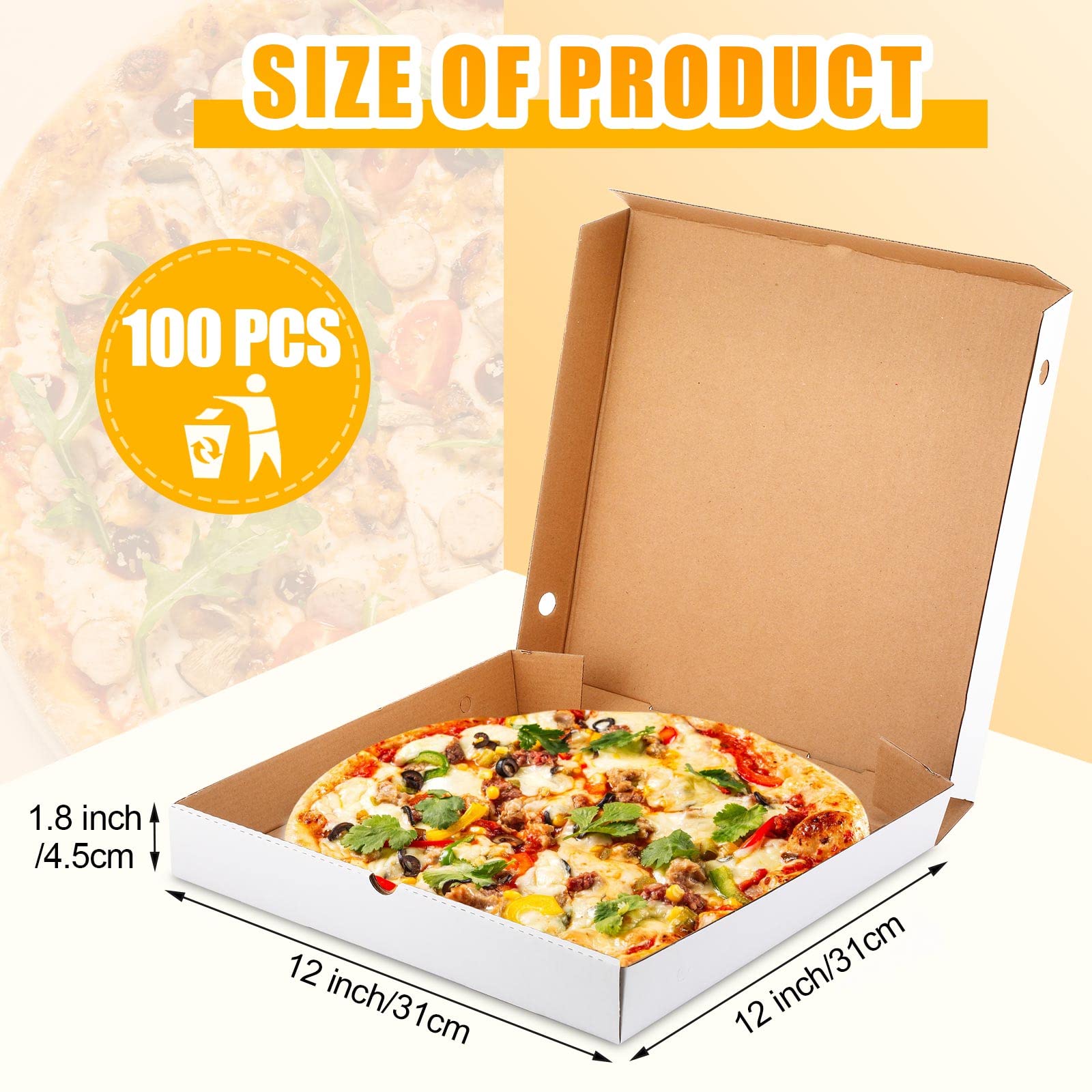 PerKoop 100 Pcs Pizza Boxes 12 x 12 Inch Bulk Empty Cardboard Pizza Box Reusable Large Square Food Serving Container for Takeout Bakery Restaurant Party Supplies