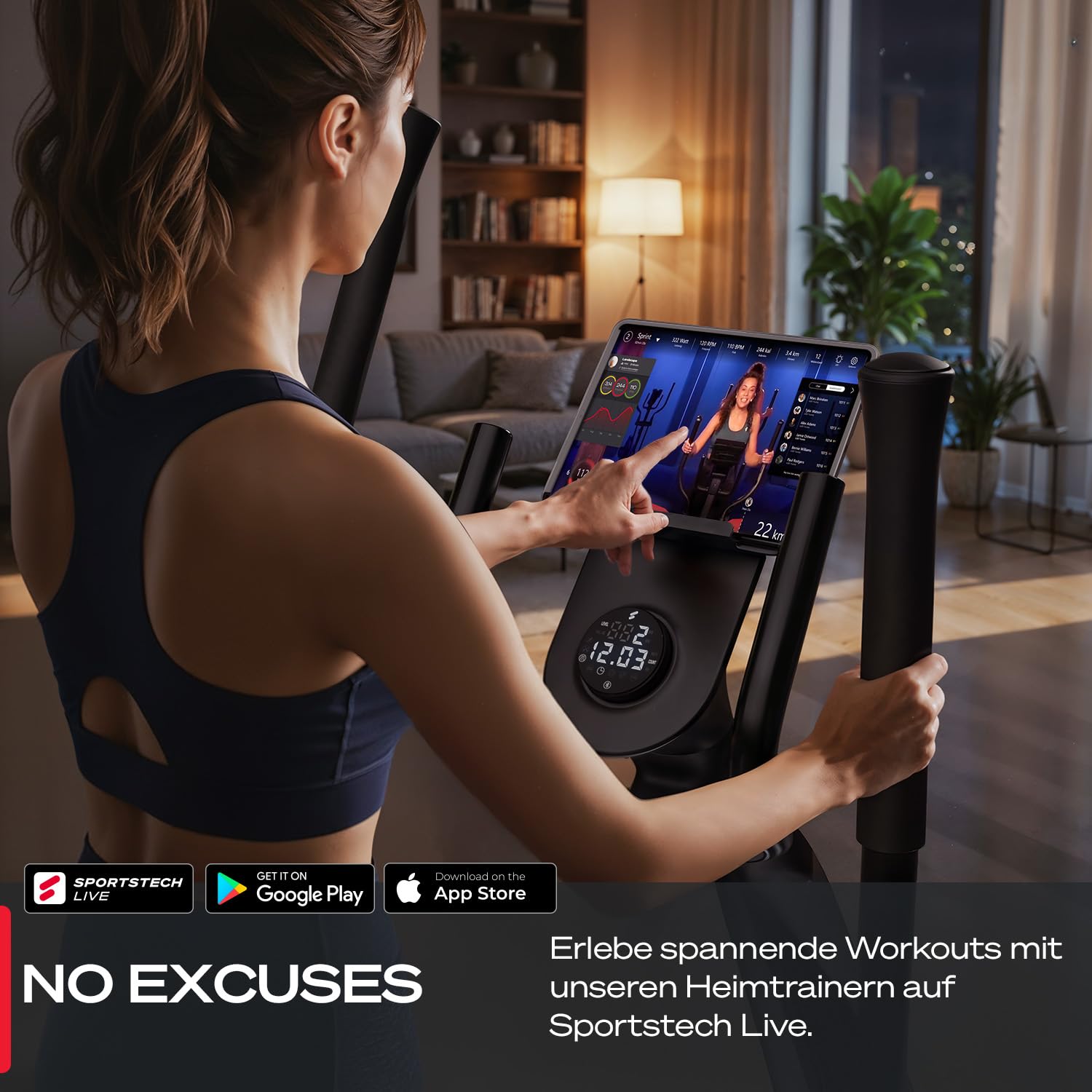 Sportstech sCross, Crosstrainer für Zuhause, Ellipsentrainer Stepper für Zuhause mit 32 Widerstandsstufen, Knob-Display, Steigung, Tablethalterung, bis 150 kg, 23 kg Schwungrad, 48 cm Schrittlänge