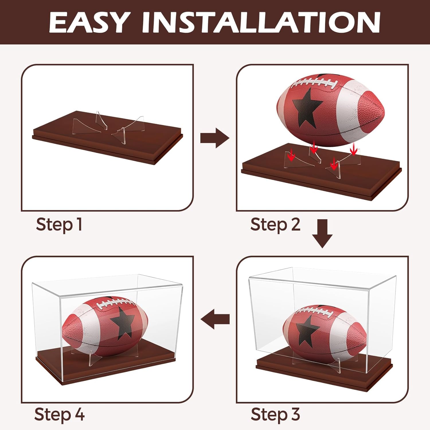 Football Display Case, Acrylic Football Display Box with Wooden Base, UV Protection Clear Case for Official Size Footballs, Sports Memorabilia Display Case