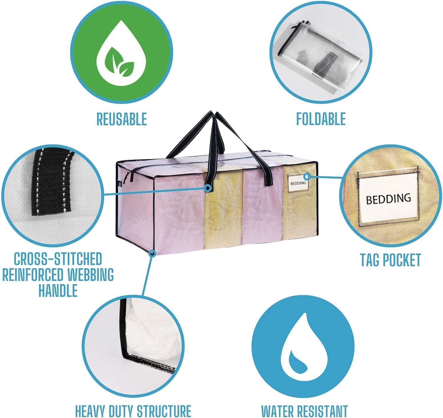 VENO 8 Pack Heavy Duty Moving Bags, Christmas Storage Bins with Lids, Clear Design, Alternative to Moving Boxes, Storage Bags for Clothes, Blankets, Comforters, Pillows, Camping (Clear, 8 Pack) - Image 7