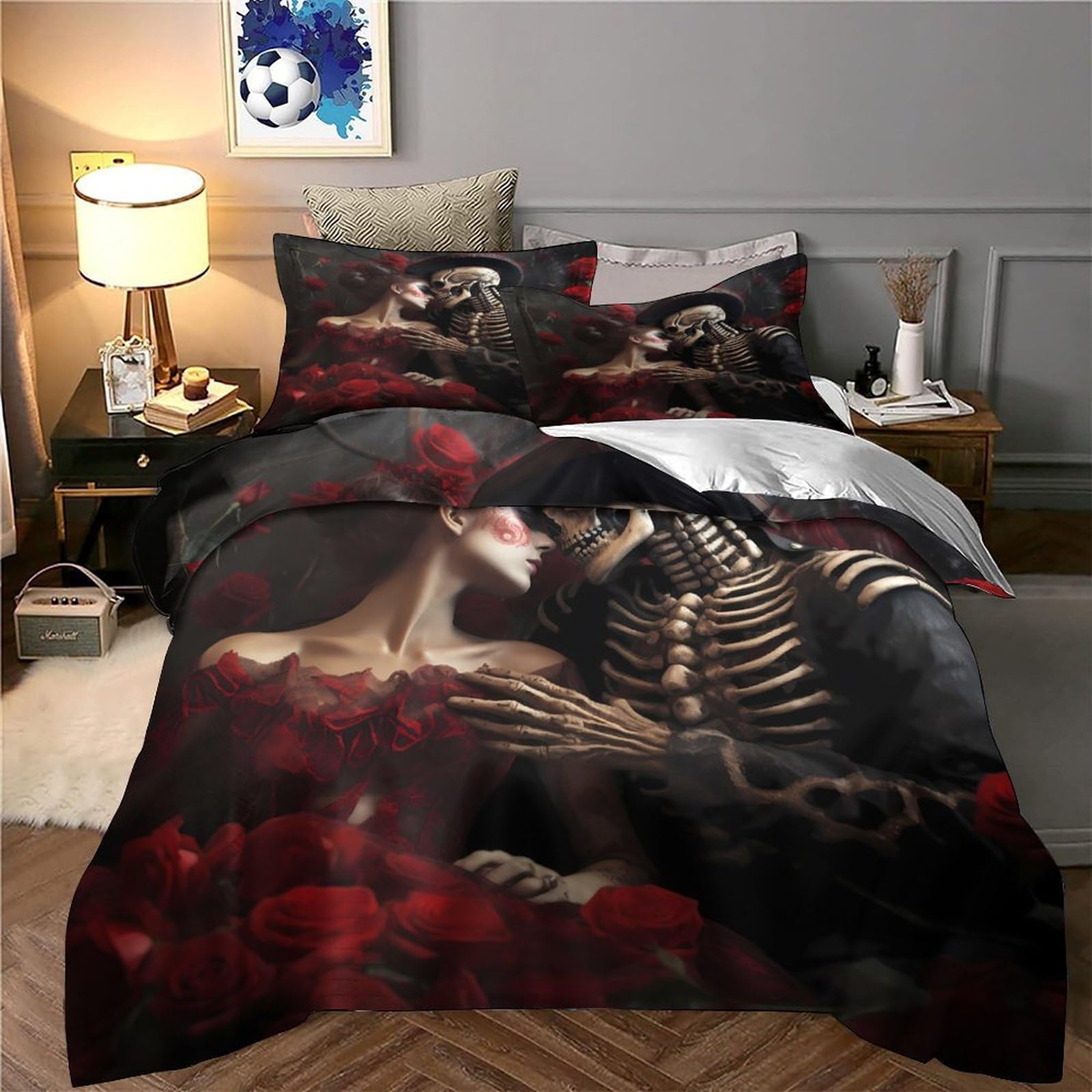 Copripiumino Coppia Scheletro Gotico 3D Stampato in Microfibra Decorazione Camera da Letto Set Biancheria da Letto Coppia Scheletrata Morbido Traspirante per Adulti Giovani Super king（260x220cm）