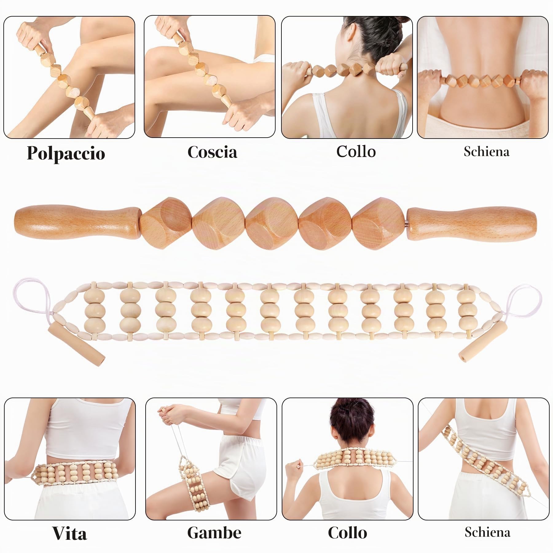 Maderoterapia Set di 7 strumenti di massaggio in legno per il drenaggio linfatico per alleviare i dolori muscolari | Kit di scultura del corpo per anti-cellulite, modellazione del corpo