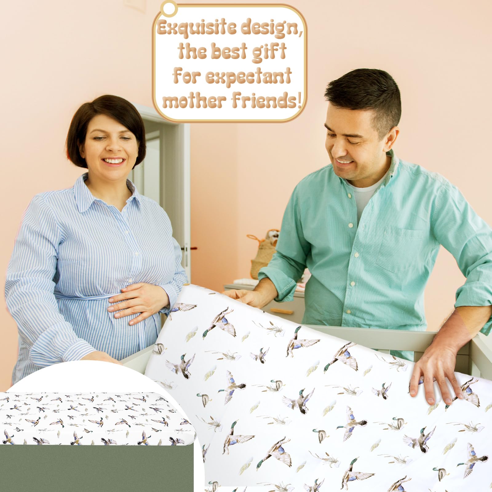 CroBlissful Juego de ropa de cama de 3 piezas para cuna de bebé de pato Mallard para niñas y niños, juegos de ropa de cama de tamaño estándar con edredón, sábana bajera y falda de cuna