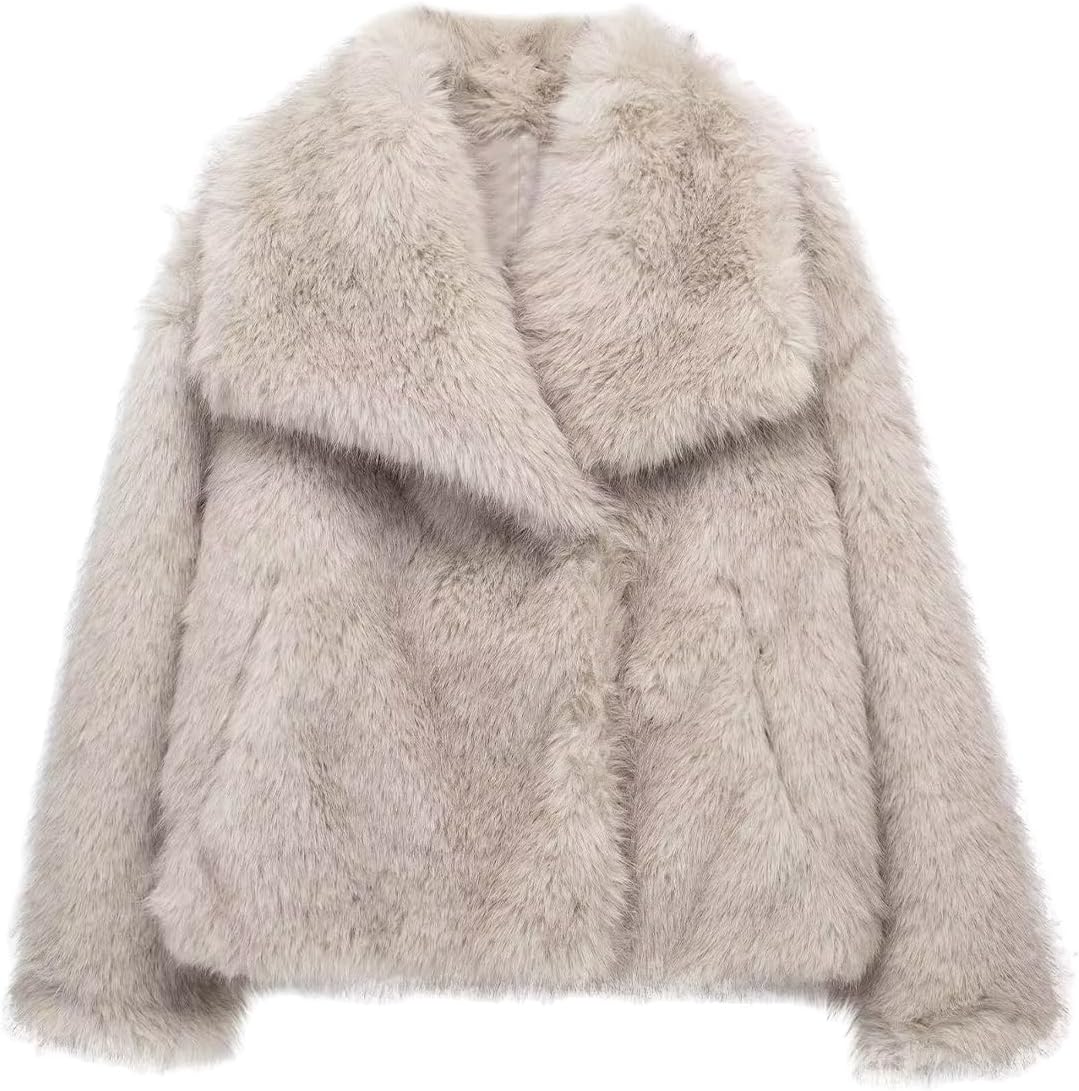 Jenkoon Women's Faux Fur Winter Coats Fashion Fluffy Lapel Jackets Shaggy Winter Jacket