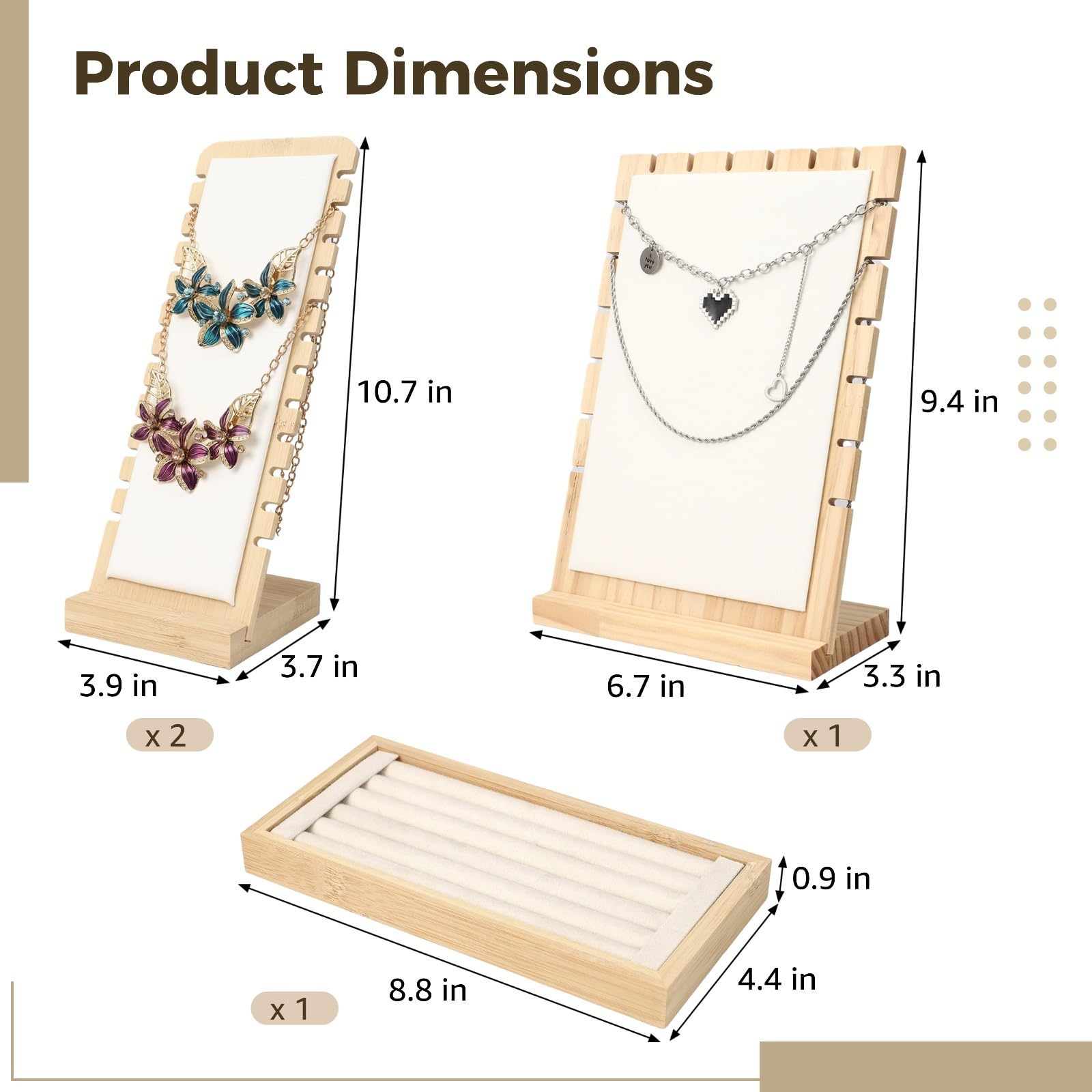 Juego de 4 soportes de exhibición de joyas de madera, soporte para collares con exhibición de anillos, tableros de exhibición inclinados, pulseras colgantes, organizador de cadenas para