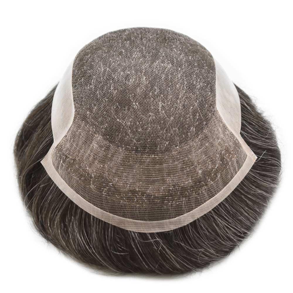 LYRICAL HAIR Toupee for Men Hair System Replacement French Lace Front Mens Toupee Hairpiece Poly Skin NPU Mens Wig Hair Piece Unit 6"X9" #330 Dark Brown+30% Gray-120% Med-light to Medium Density
