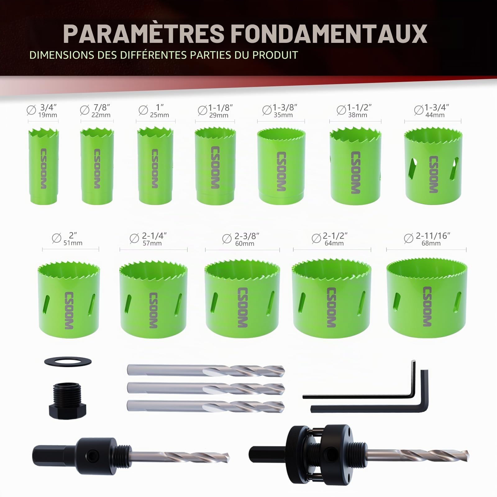 CSOOM Kit de scies cloches bimétalliques de qualité supérieure - 12 tailles (19 à 68 mm) - Profondeur de Coupe: 40 mm - Convient pour différents matériaux et applications