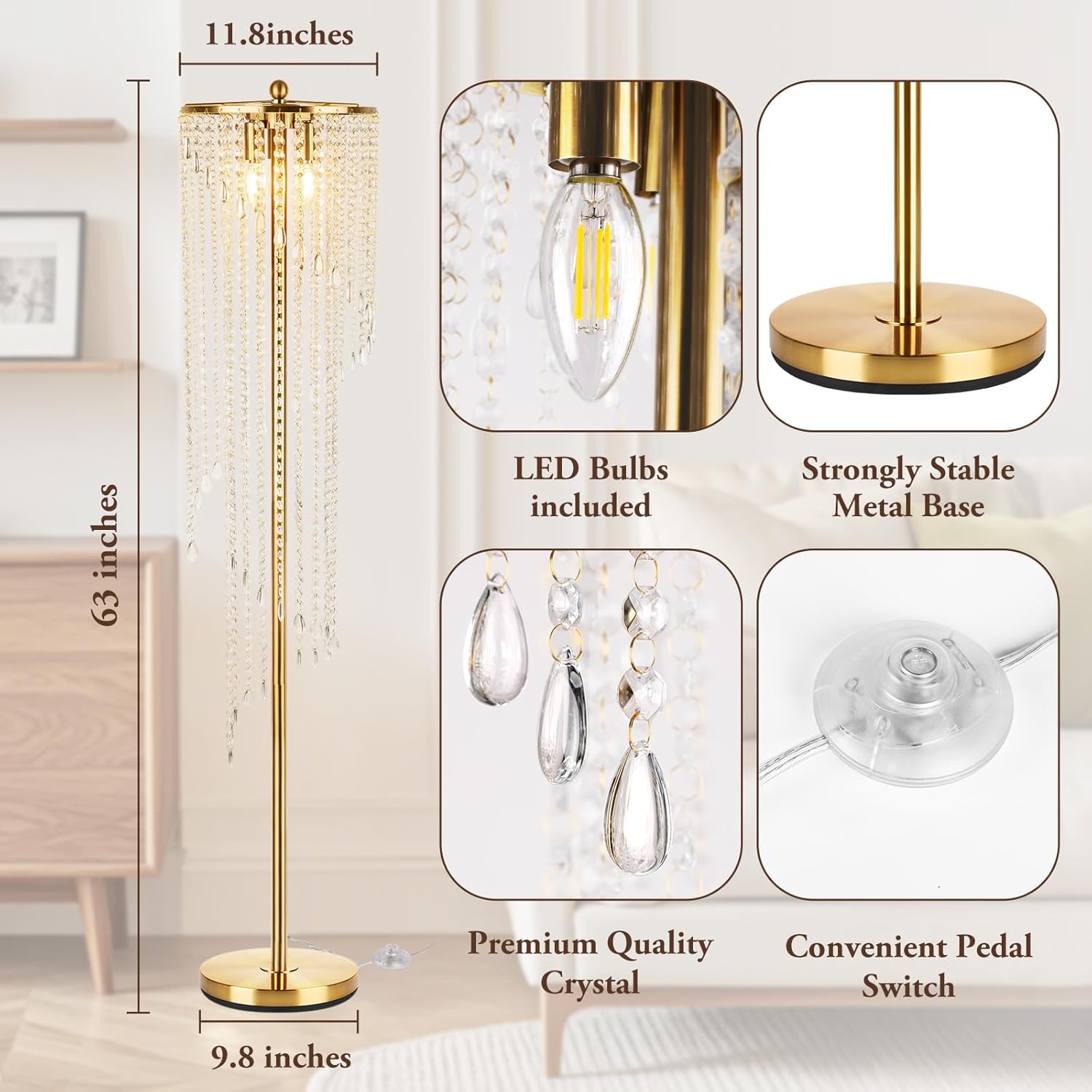 QiMH Gold Floor Lamps for Living Room, 63" Tall Lamp for Corner, Modern Floor Lamp with Double-Layer Crystal Lamp Shade, Standing Lamp for Bedroom, Office, Reading (2700K LED Bulbs Included)