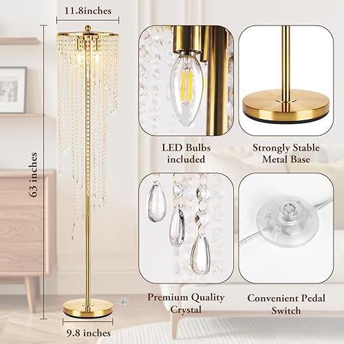 Miniatura 5 de QiMH Lámparas de pie doradas para sala de estar, lámpara de 63 pulgadas de alto para esquina, lámpara de pie moderna con pantalla de cristal de