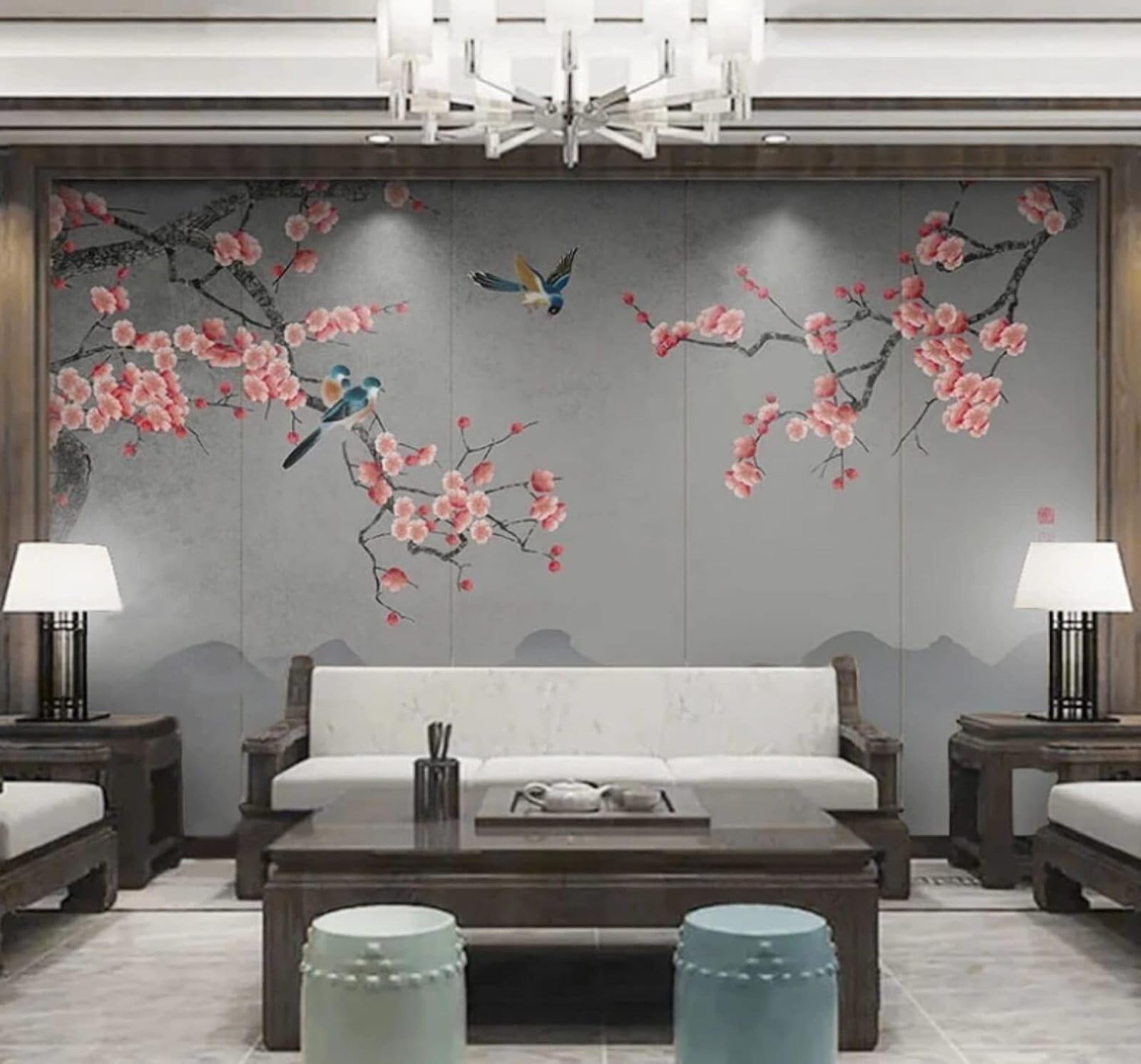 XLMING Hand Drawn Plum Blossoms Birds in Flight Mountain Peaks Landscape 3D Wallpaper Luxury Home Dining Decor Paste Sofa Living Room The Wall for Bedroom Mural-300cm×210cm