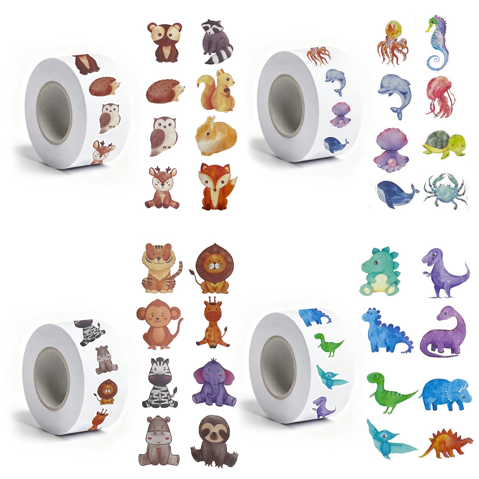 4 Roll Tier Sticker Kinder Stickers,Tieraufkleber Runde Cartoon Tier Aufkleber,Tiersticker Wasserdicht Tiersticker zum Aufkleben Kinder,Selbstklebende Stickerrolle für Scrapbook Laptop Trinkflasche
