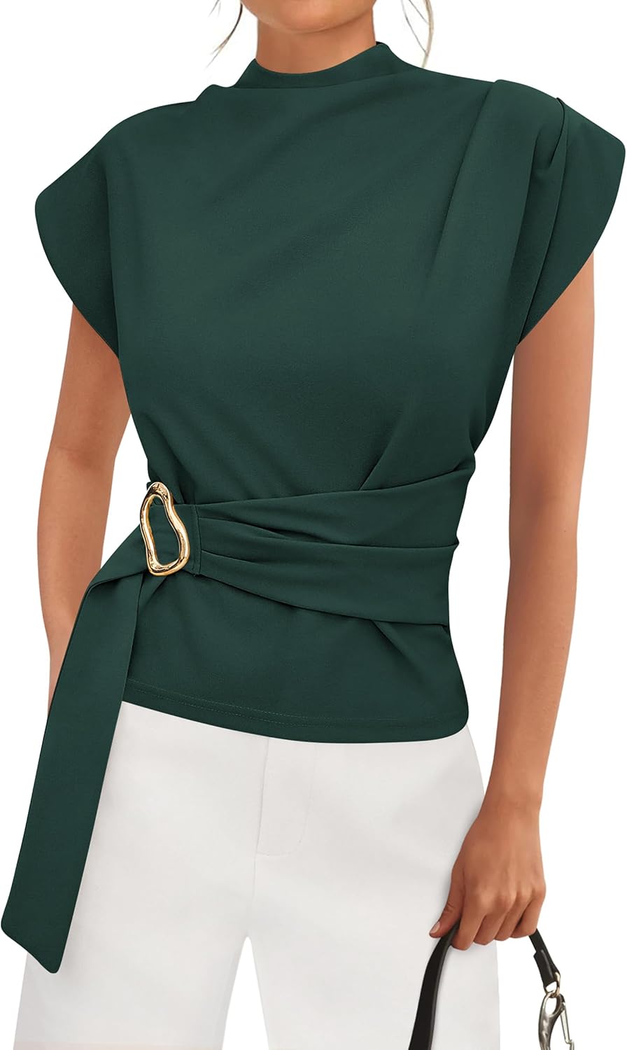 PRETTYGARDEN Women Blouses Spring Dressy Cap Sleeve Mock Neck Work Shirts Buckle Tunic Summer Business Casual Tops 2026