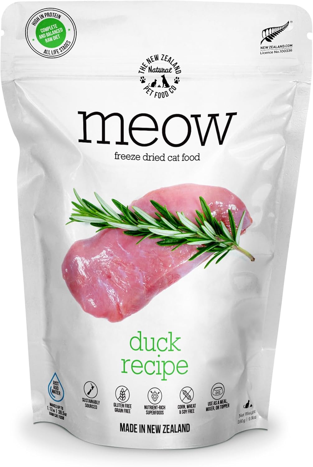 The New Zealand Natural Pet Food Co. Meow Freeze Dried Cat Food - Duck Recipe, High Protein, Use as a Complete Diet, Topper, Mixer, or as Cat Treats, All Life Stages, 9.9 oz