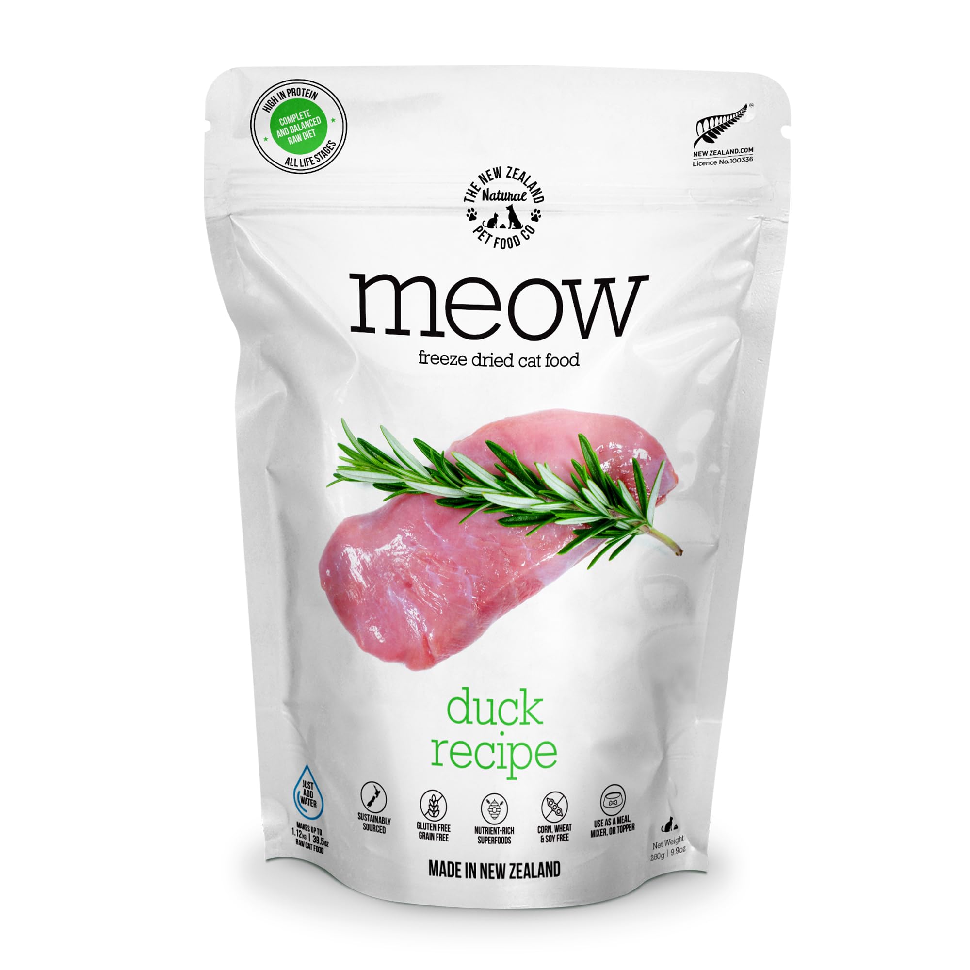 Meow Freeze Dried Cat Food - Duck Recipe, High Protein, Use as a Complete Diet, Topper, Mixer, or as Cat Treats, All Life Stages, 9.9 oz